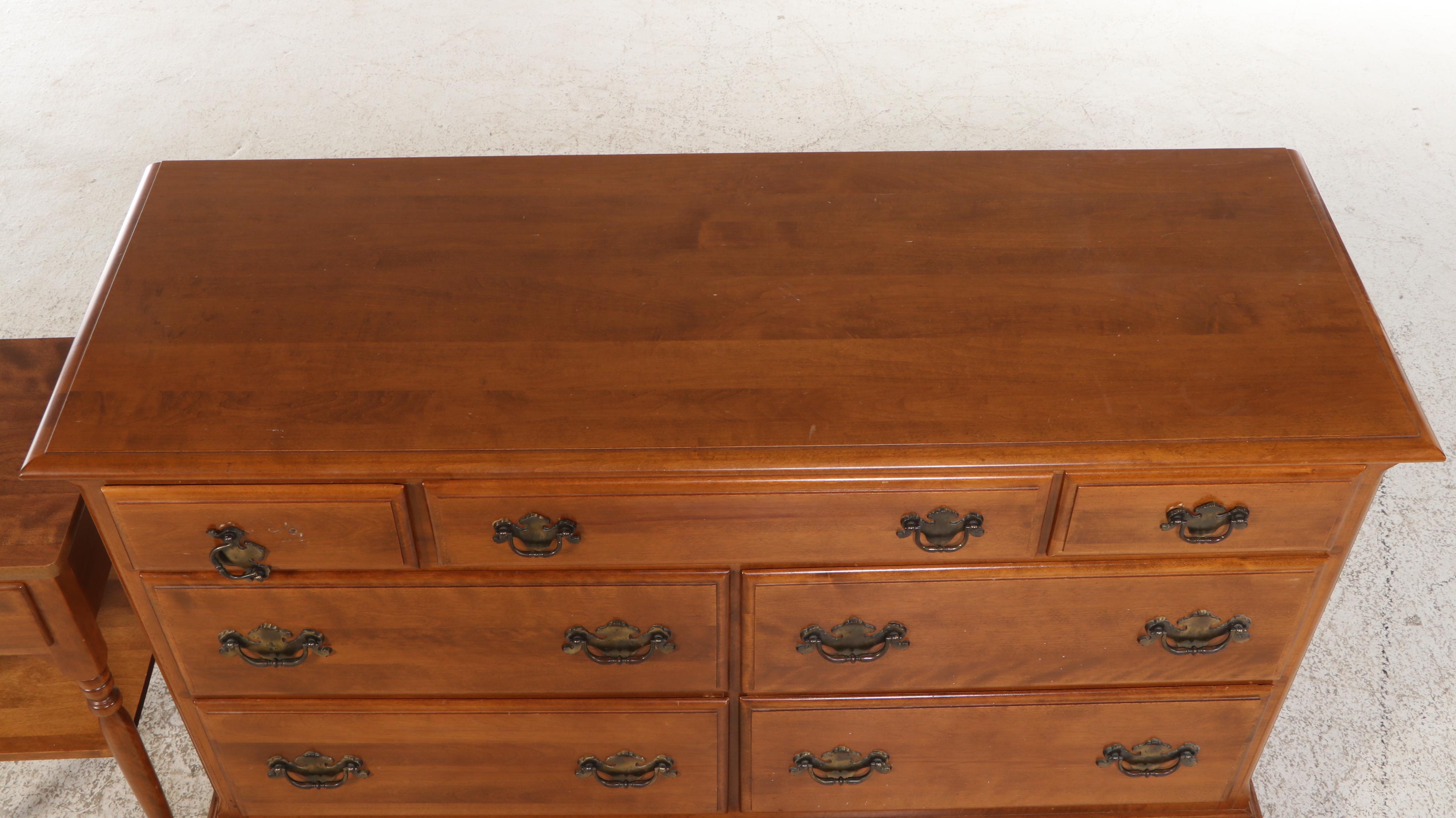 Ethan Allen American Colonial Style Maple Dresser with Mirror and Nightstand