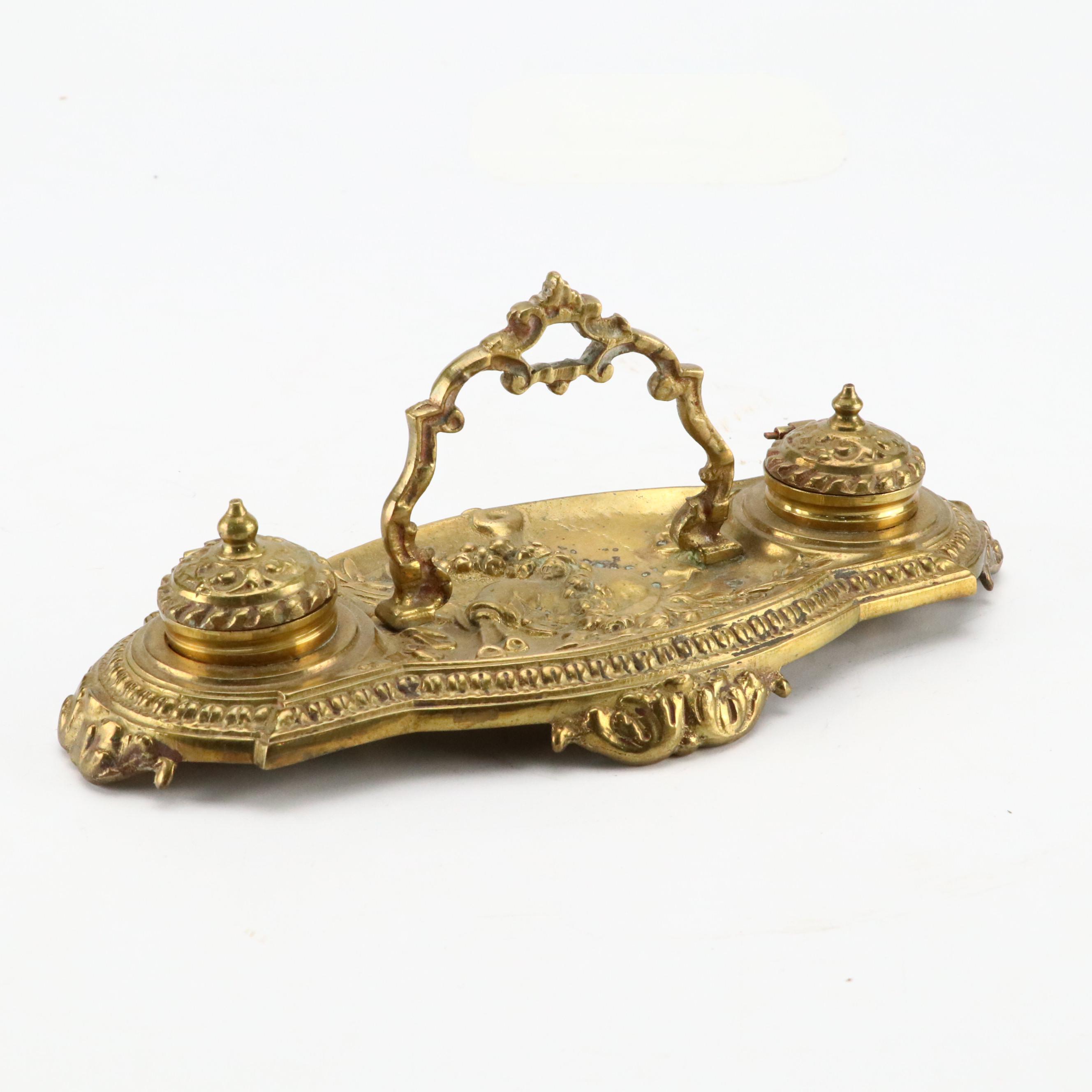 French Style Brass Double Inkwell with Brass and Moroccan Table Accessories