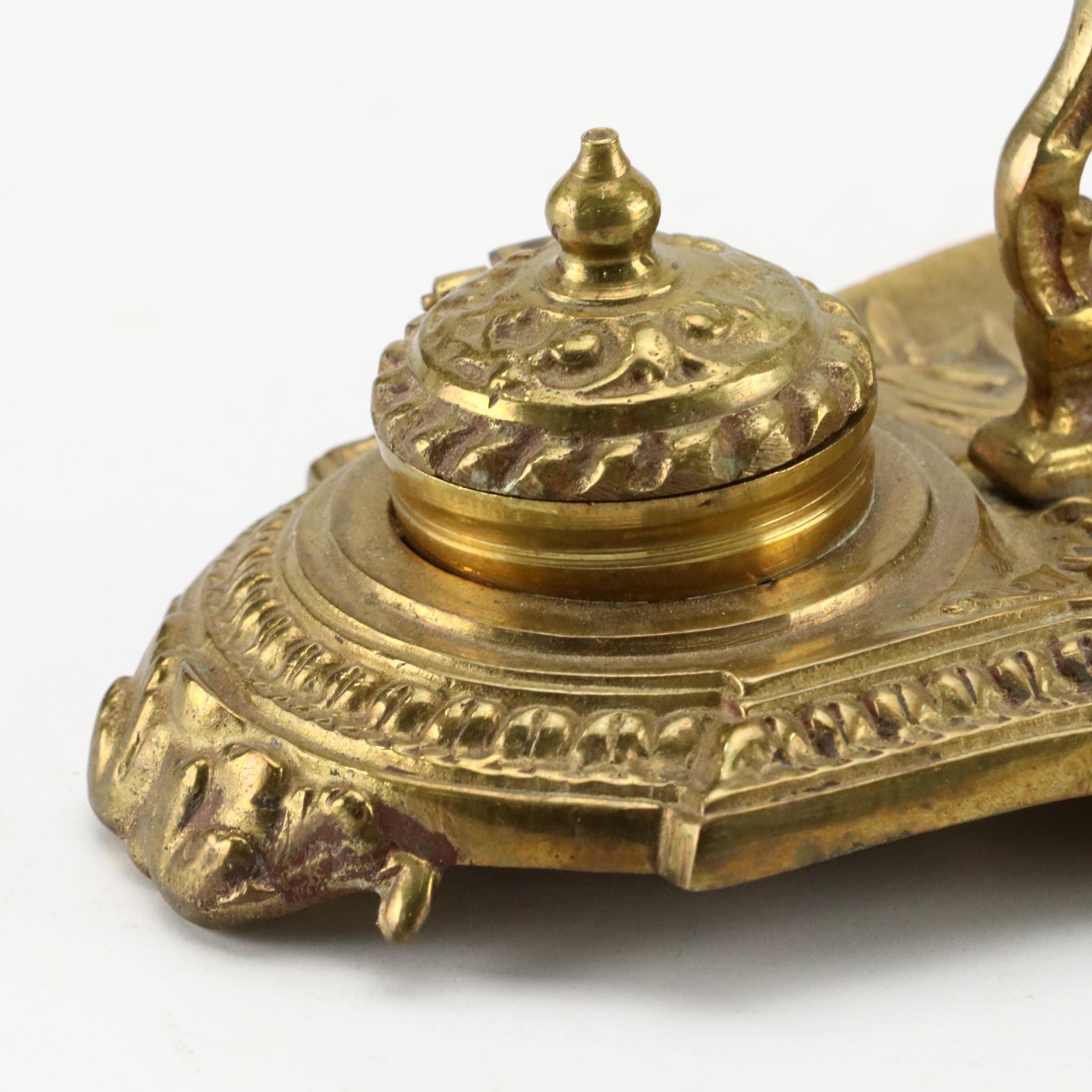 French Style Brass Double Inkwell with Brass and Moroccan Table Accessories