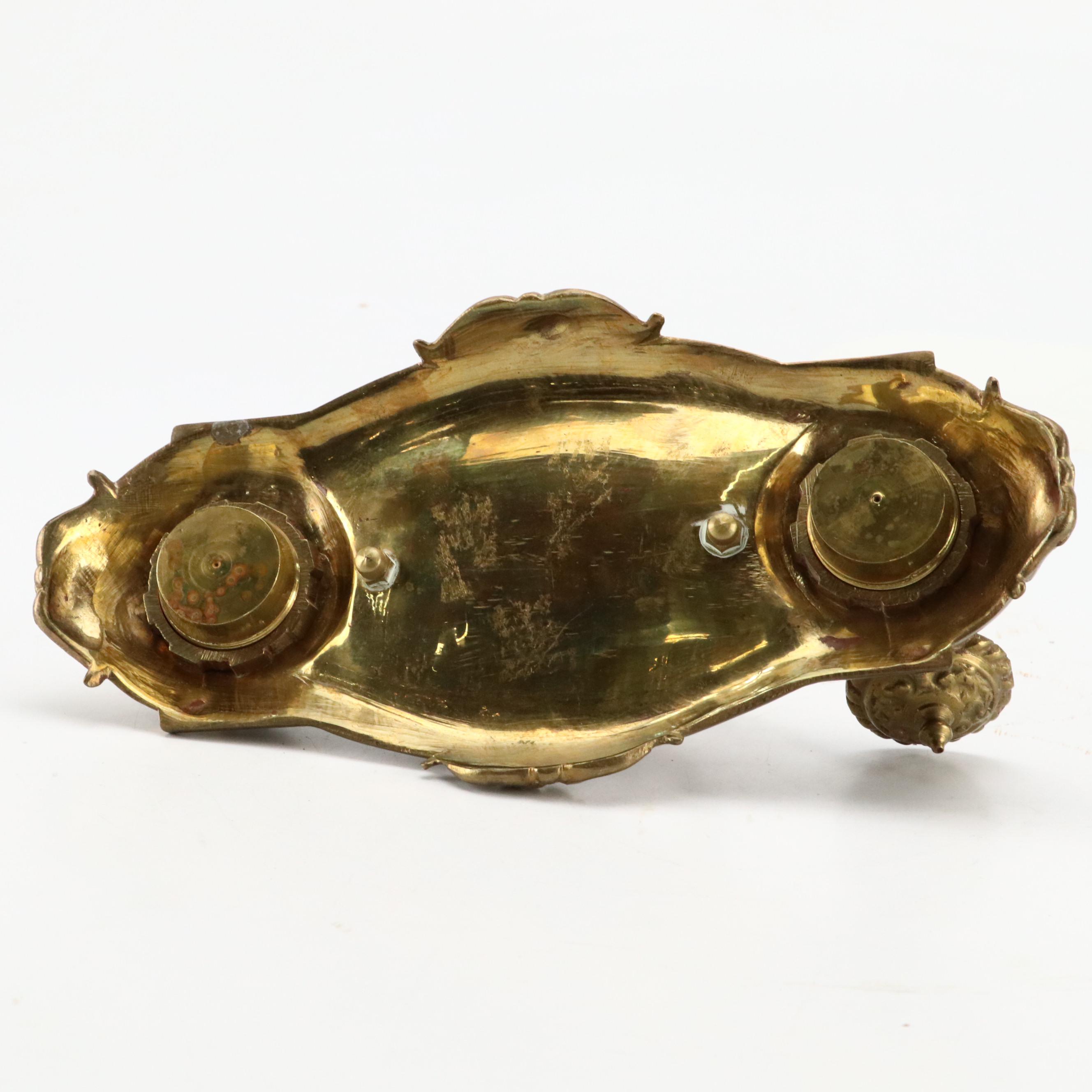 French Style Brass Double Inkwell with Brass and Moroccan Table Accessories