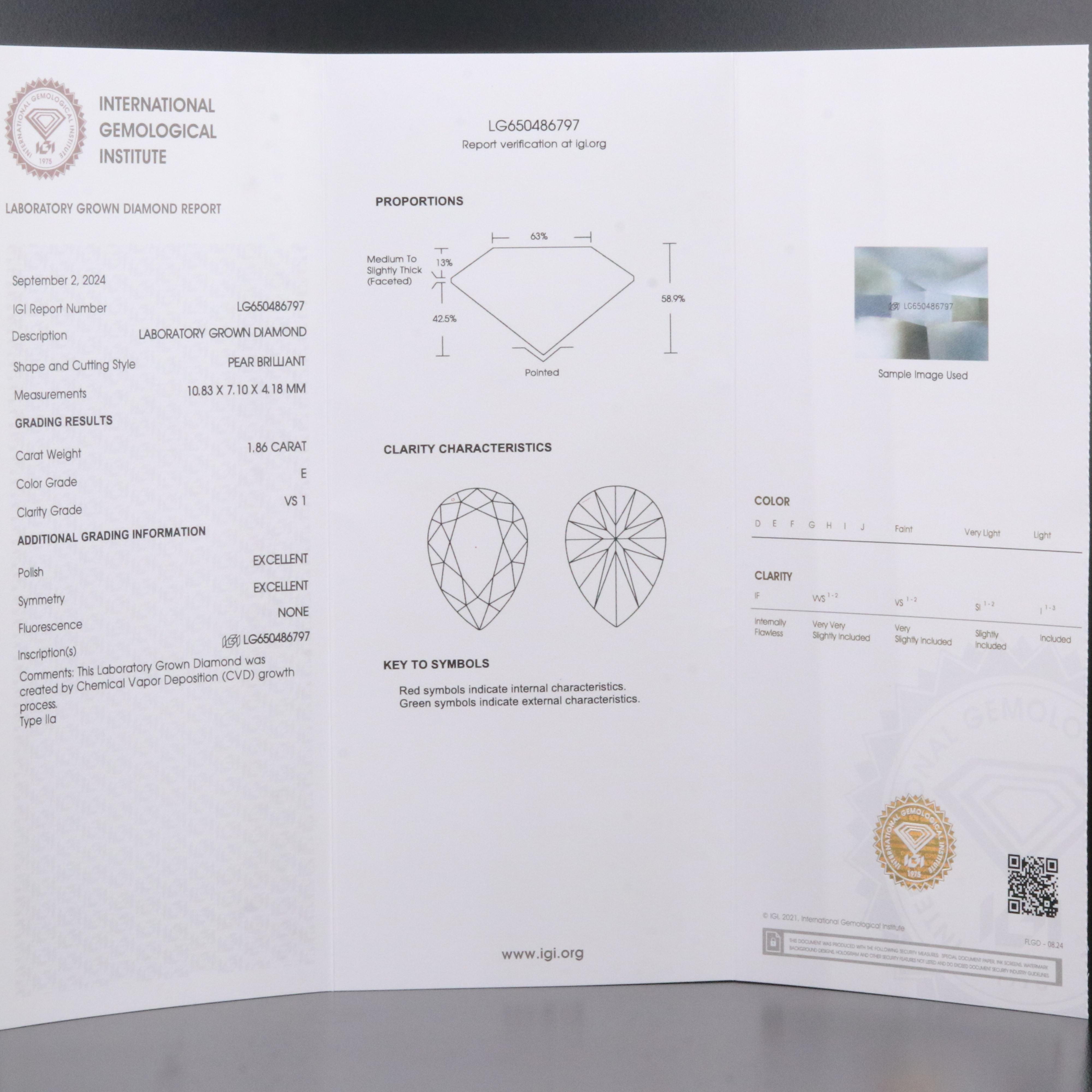 Loose 1.86 CT Lab Grown Diamond with IGI Report