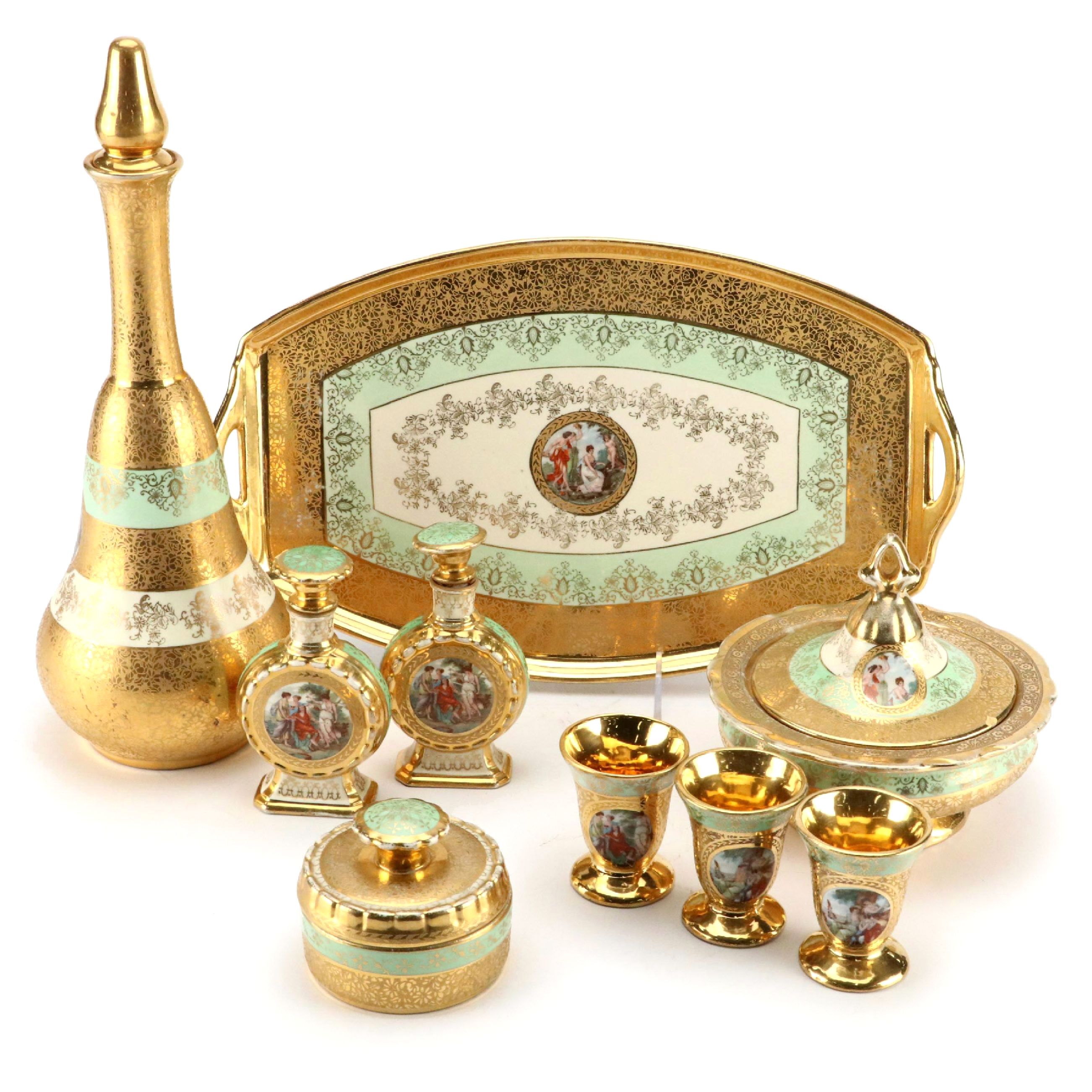 LeMieux China 24K Gilt Porcelain Decanter, Cups, Perfume Bottles and More, 1930s