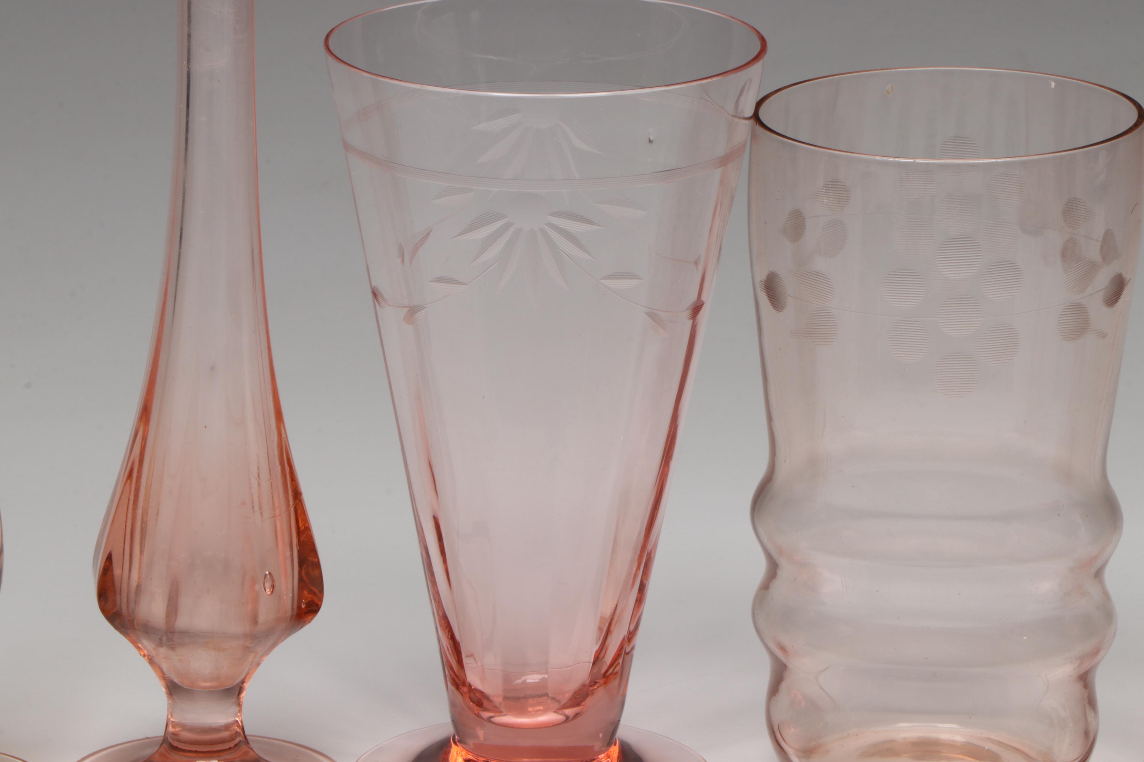 Pink Depression Glass Champagne Coupes, Tumblers, and More