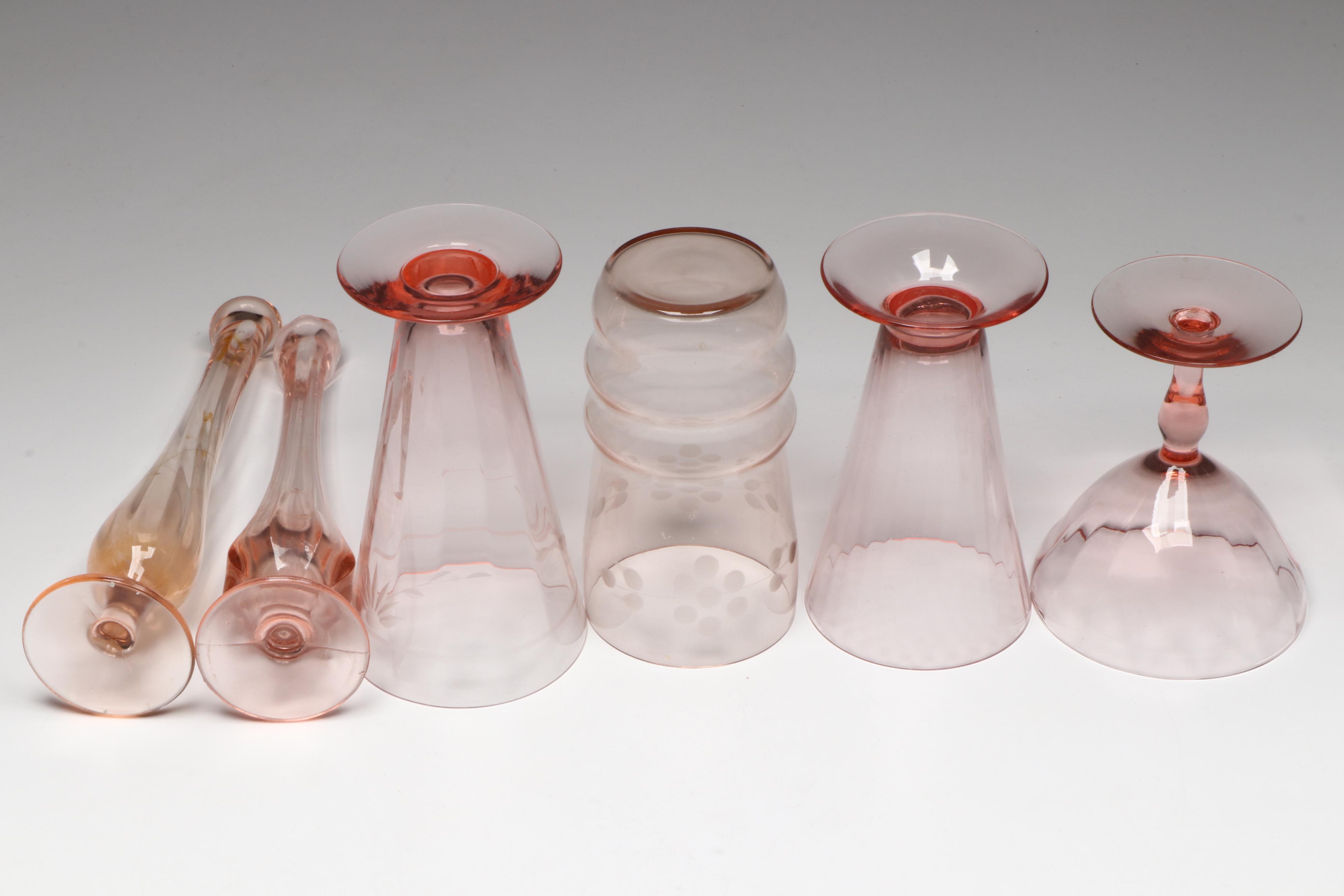 Pink Depression Glass Champagne Coupes, Tumblers, and More