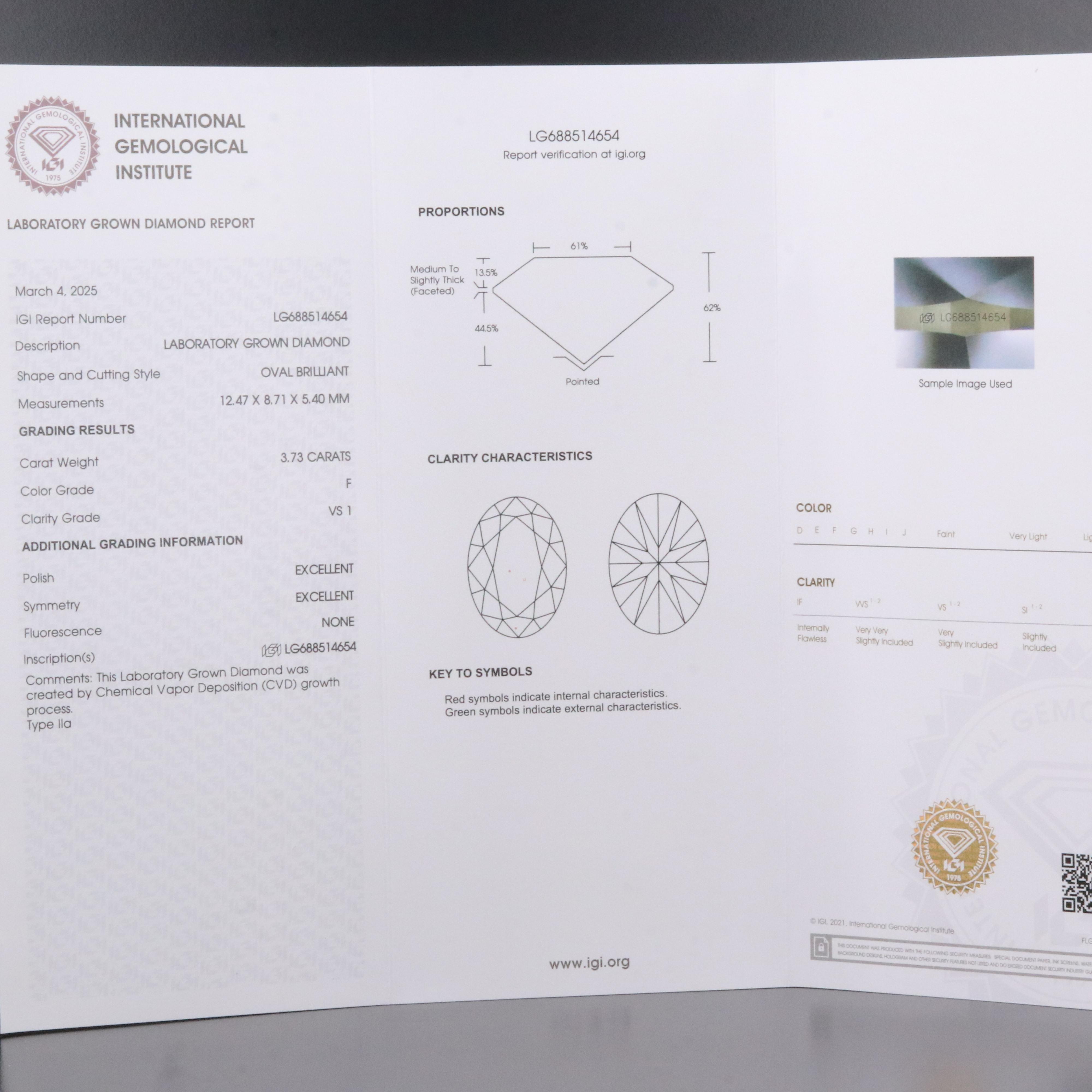 Loose 3.73 CT Lab Grown Diamond with IGI Report