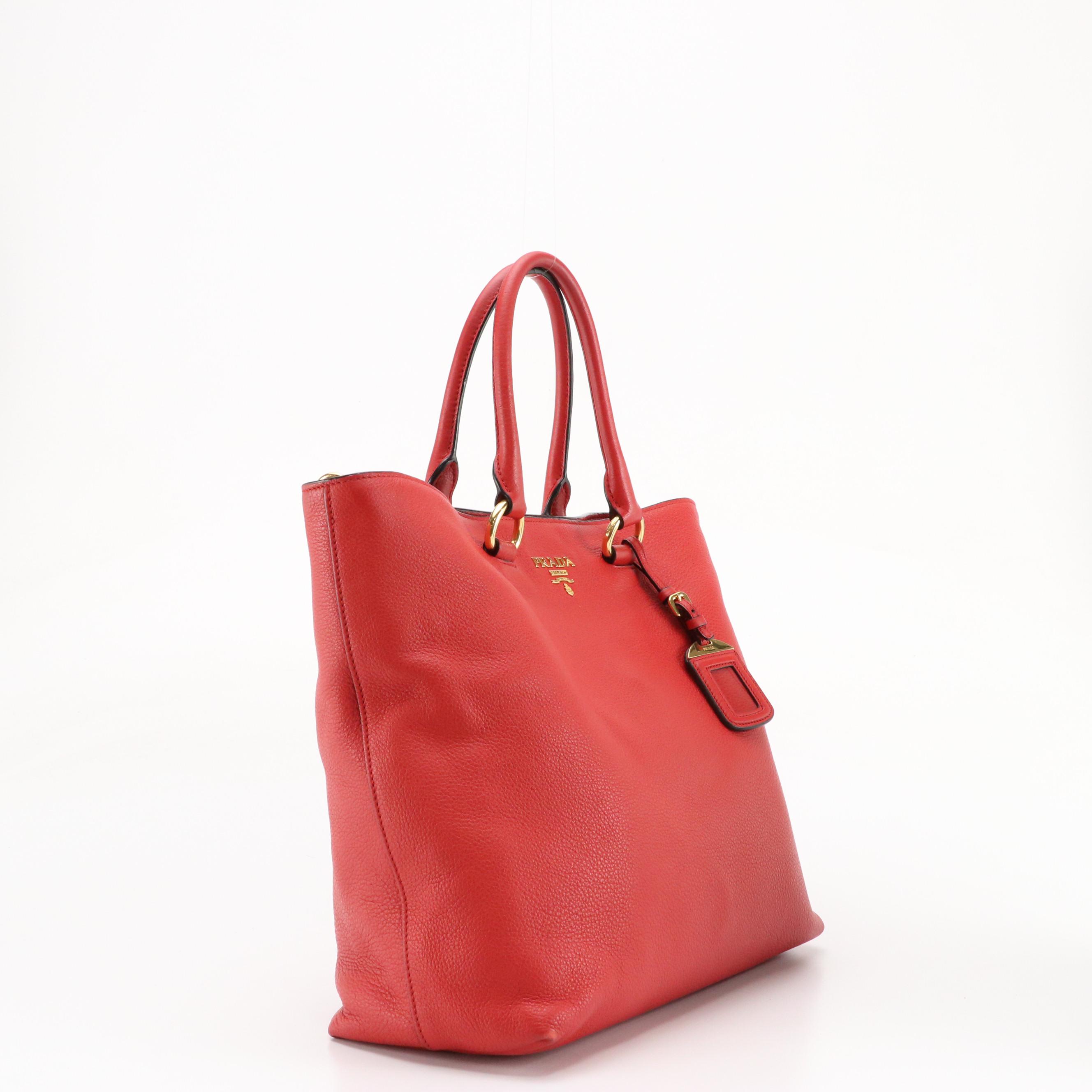 Prada Two Way Tote Bag in Red Grained Leather