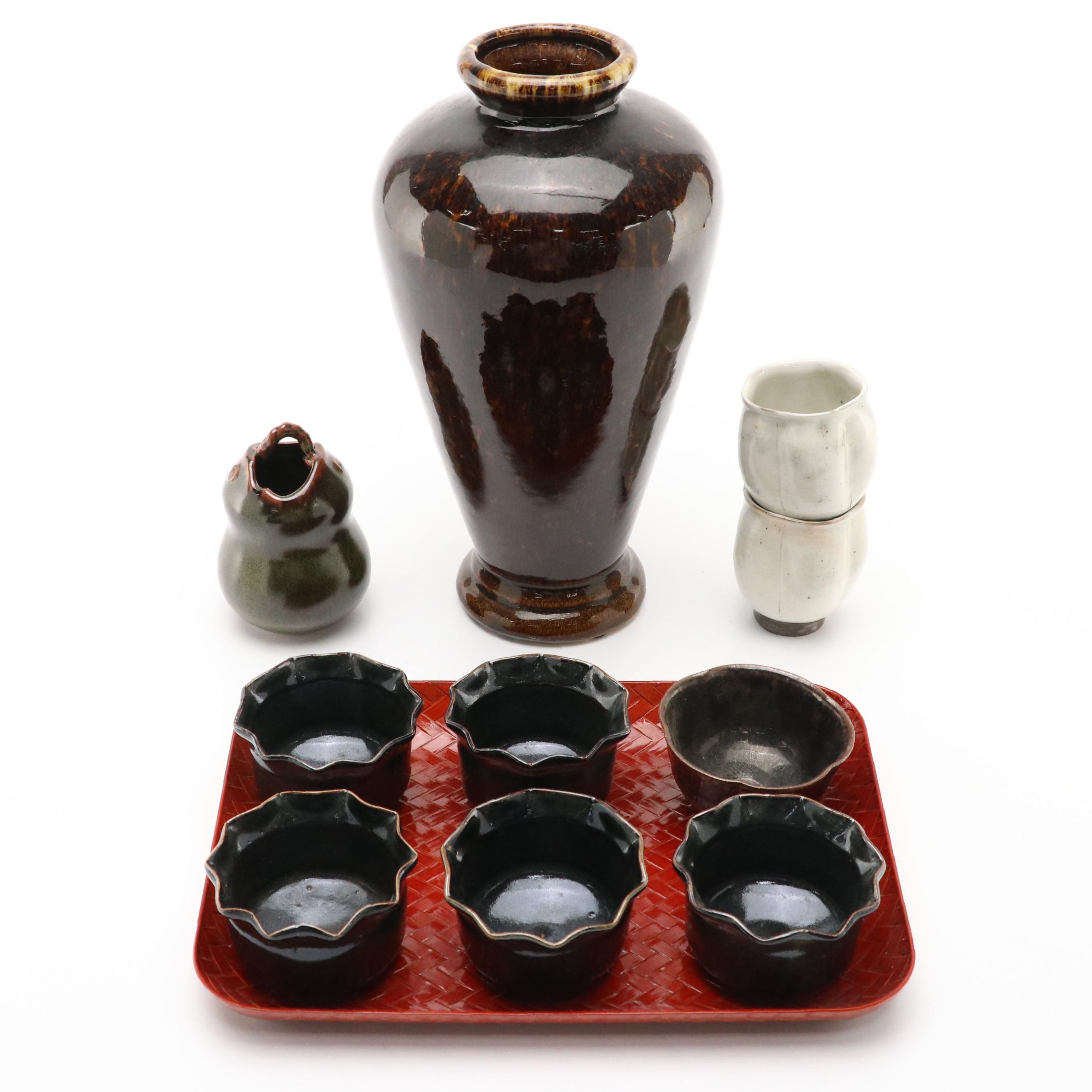 Japanese Ceramic Tea Bowls with Serving Tray and Other Table Accessories