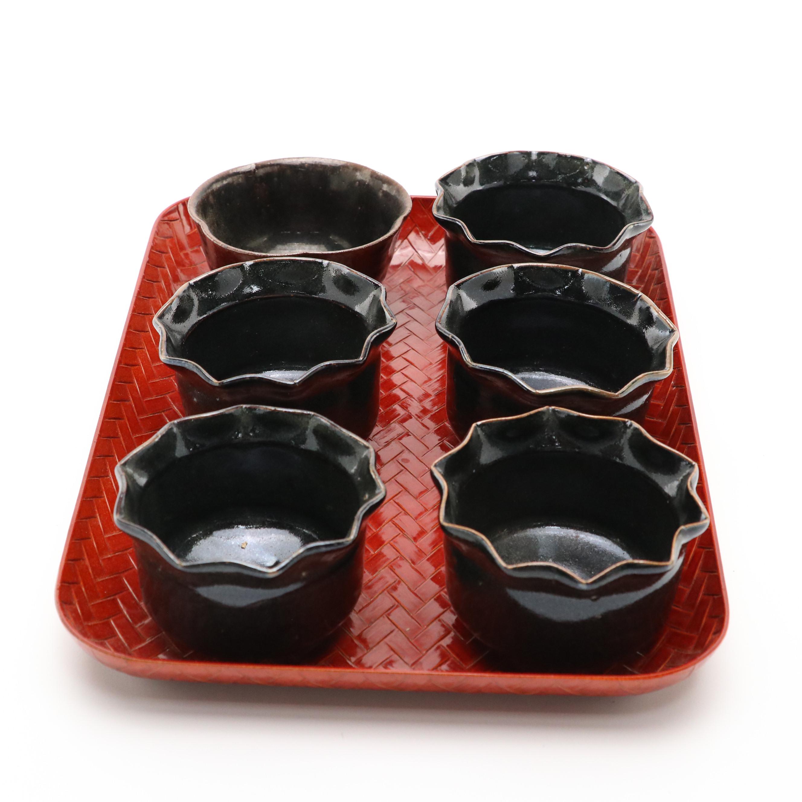 Japanese Ceramic Tea Bowls with Serving Tray and Other Table Accessories
