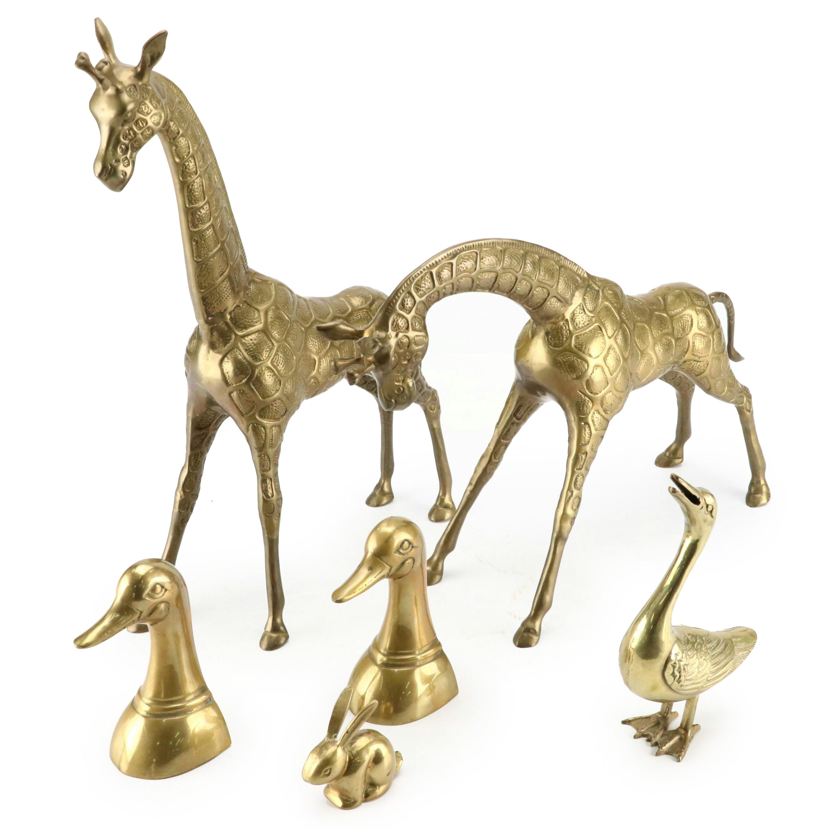 Brass Giraffes, Rabbit and Goose Figurines with Duck Bookends