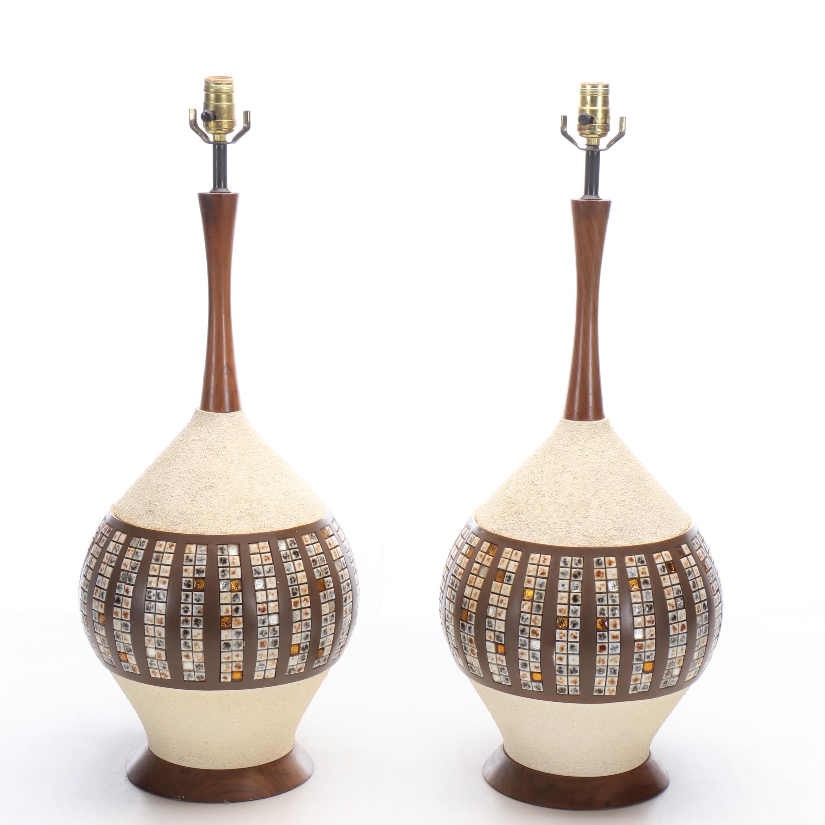 Mid Century Modern Mosaic Panel, Walnut and Ceramic Table Lamps