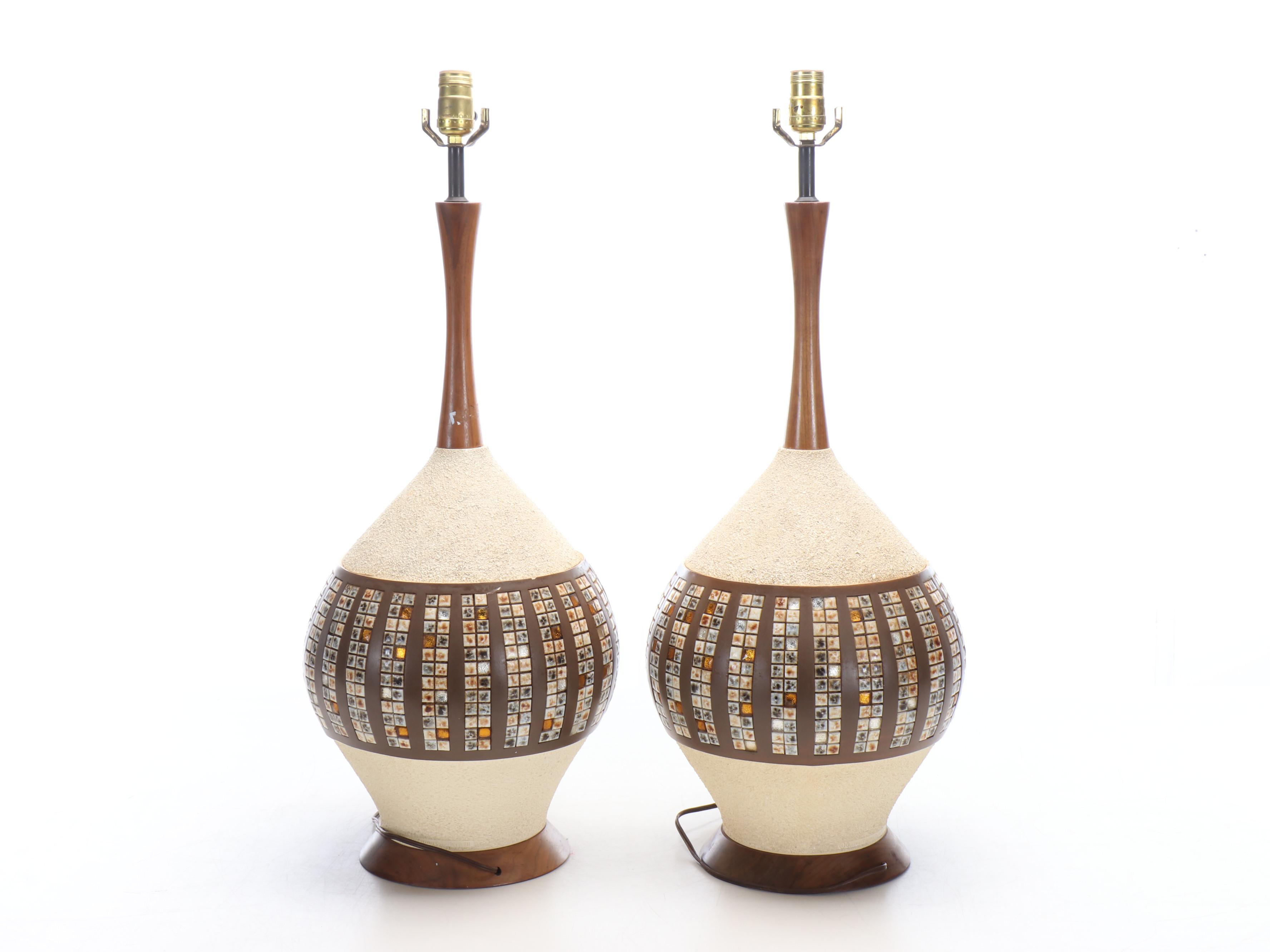 Mid Century Modern Mosaic Panel, Walnut and Ceramic Table Lamps