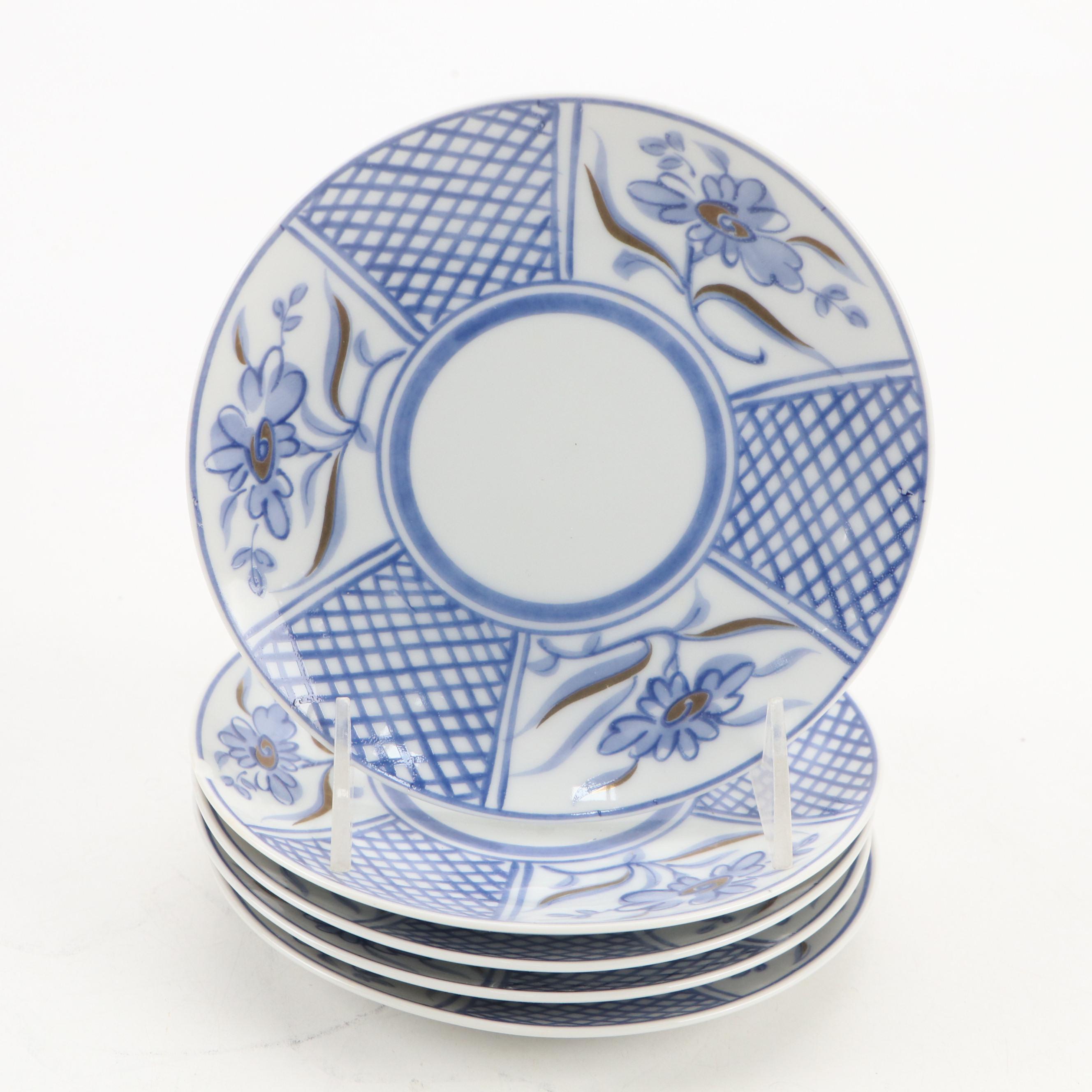 Japanese Blue Floral Motif Porcelain Coffee Set with Decorative Wood Storage Box