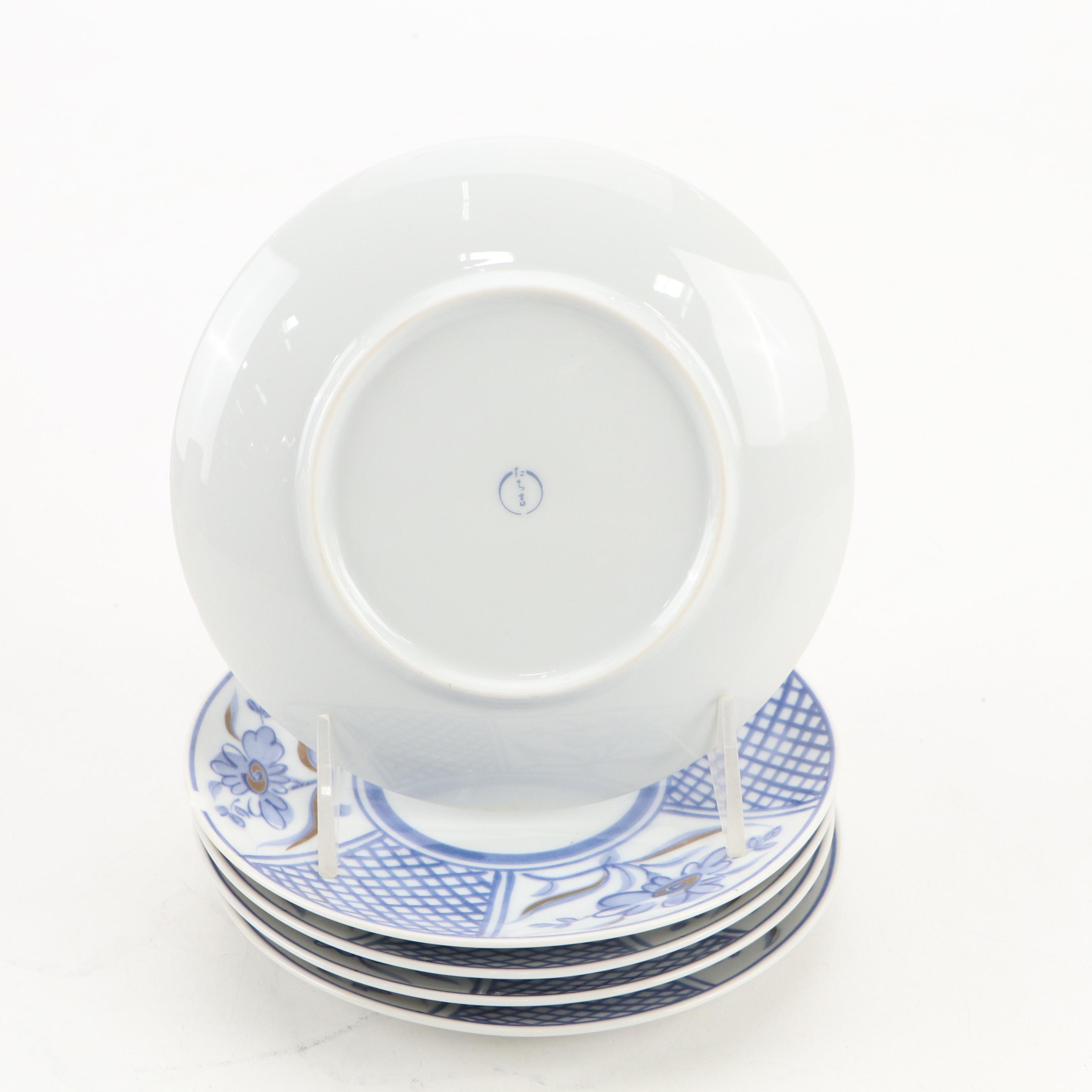 Japanese Blue Floral Motif Porcelain Coffee Set with Decorative Wood Storage Box