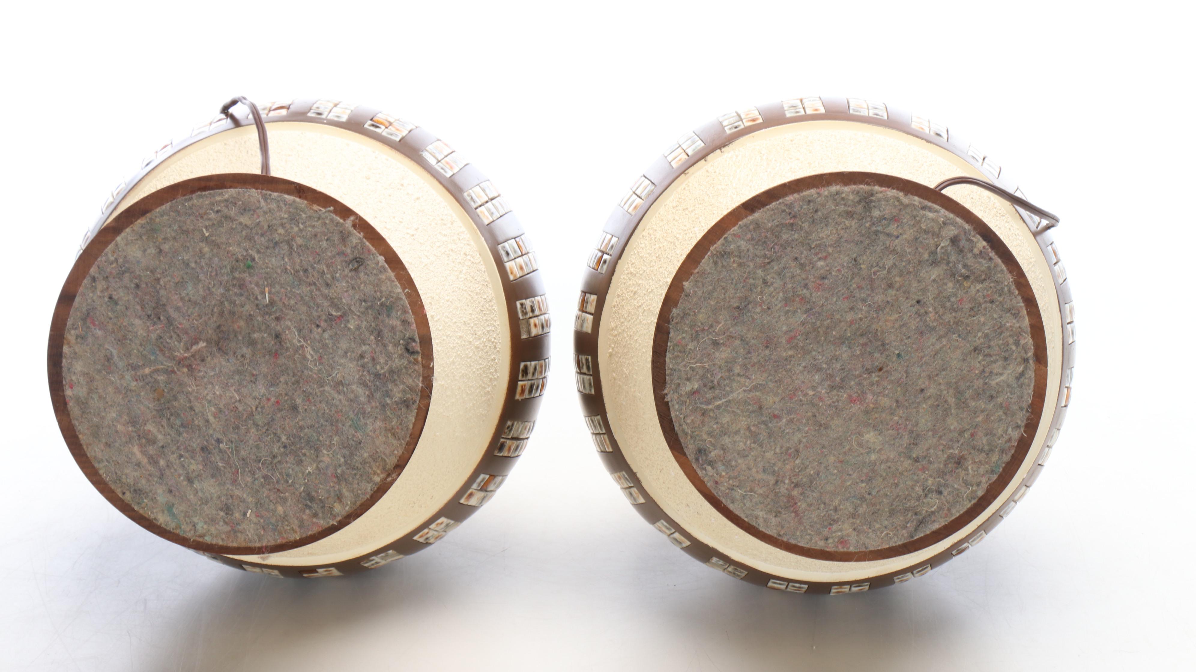 Mid Century Modern Mosaic Panel, Walnut and Ceramic Table Lamps