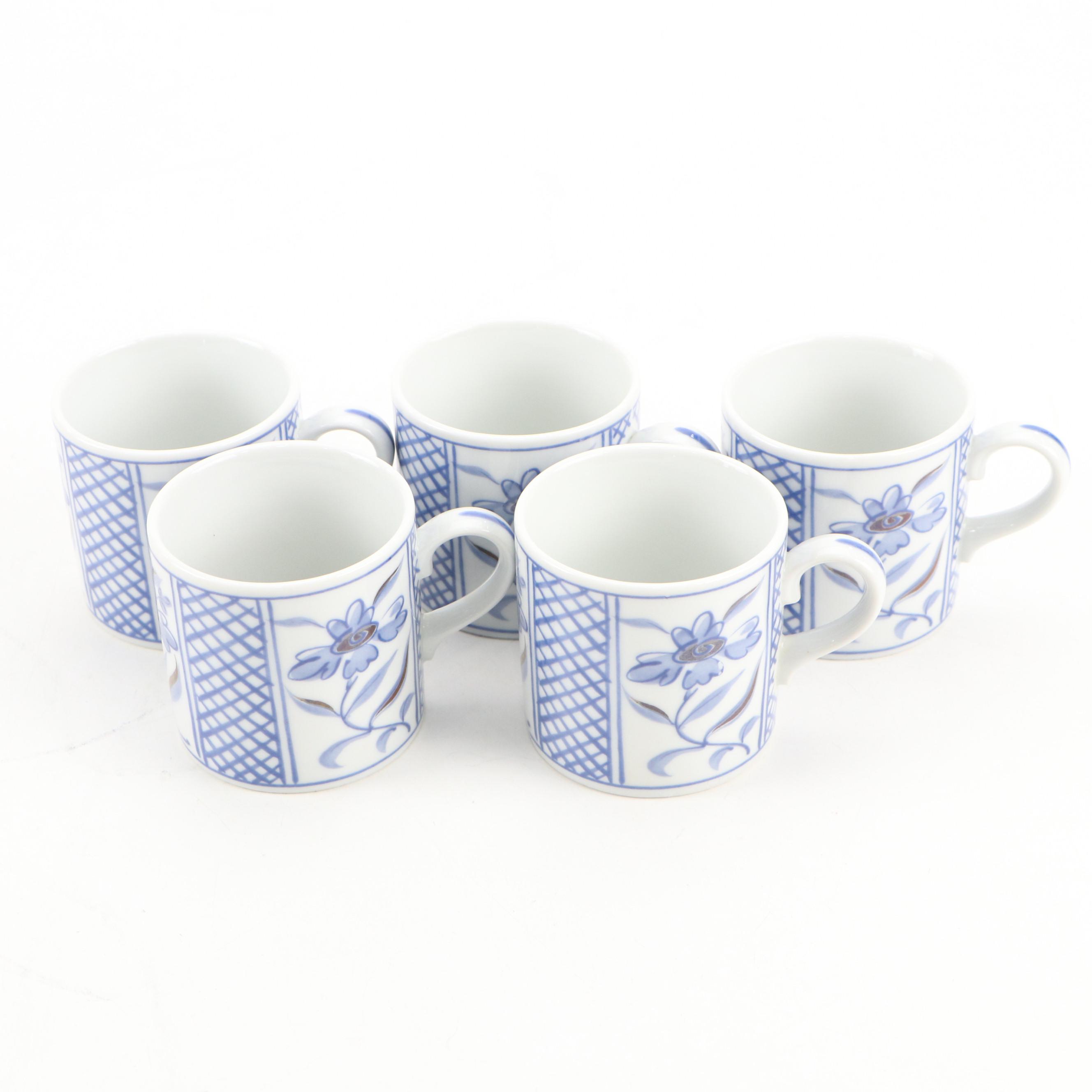 Japanese Blue Floral Motif Porcelain Coffee Set with Decorative Wood Storage Box