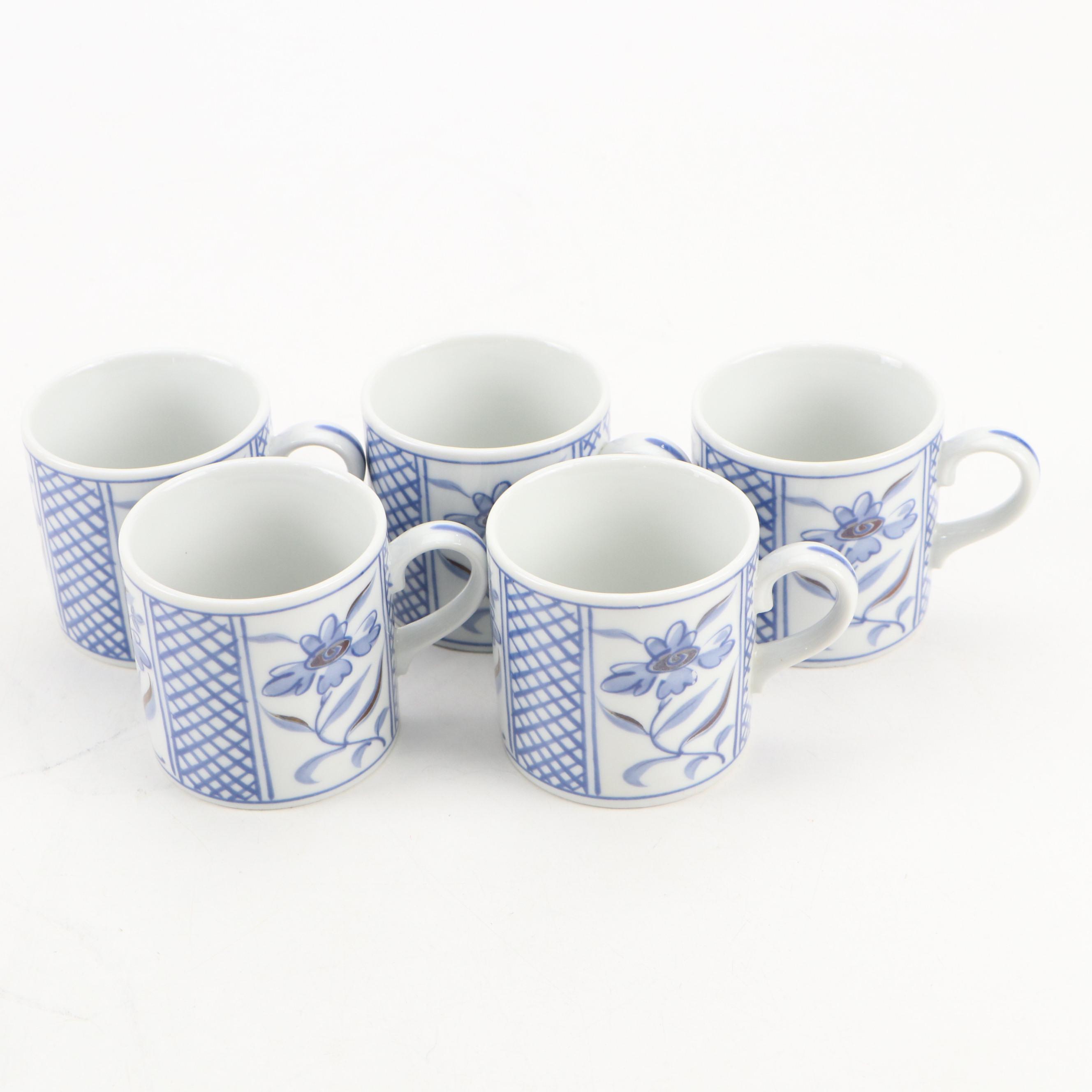 Japanese Blue Floral Motif Porcelain Coffee Set with Decorative Wood Storage Box