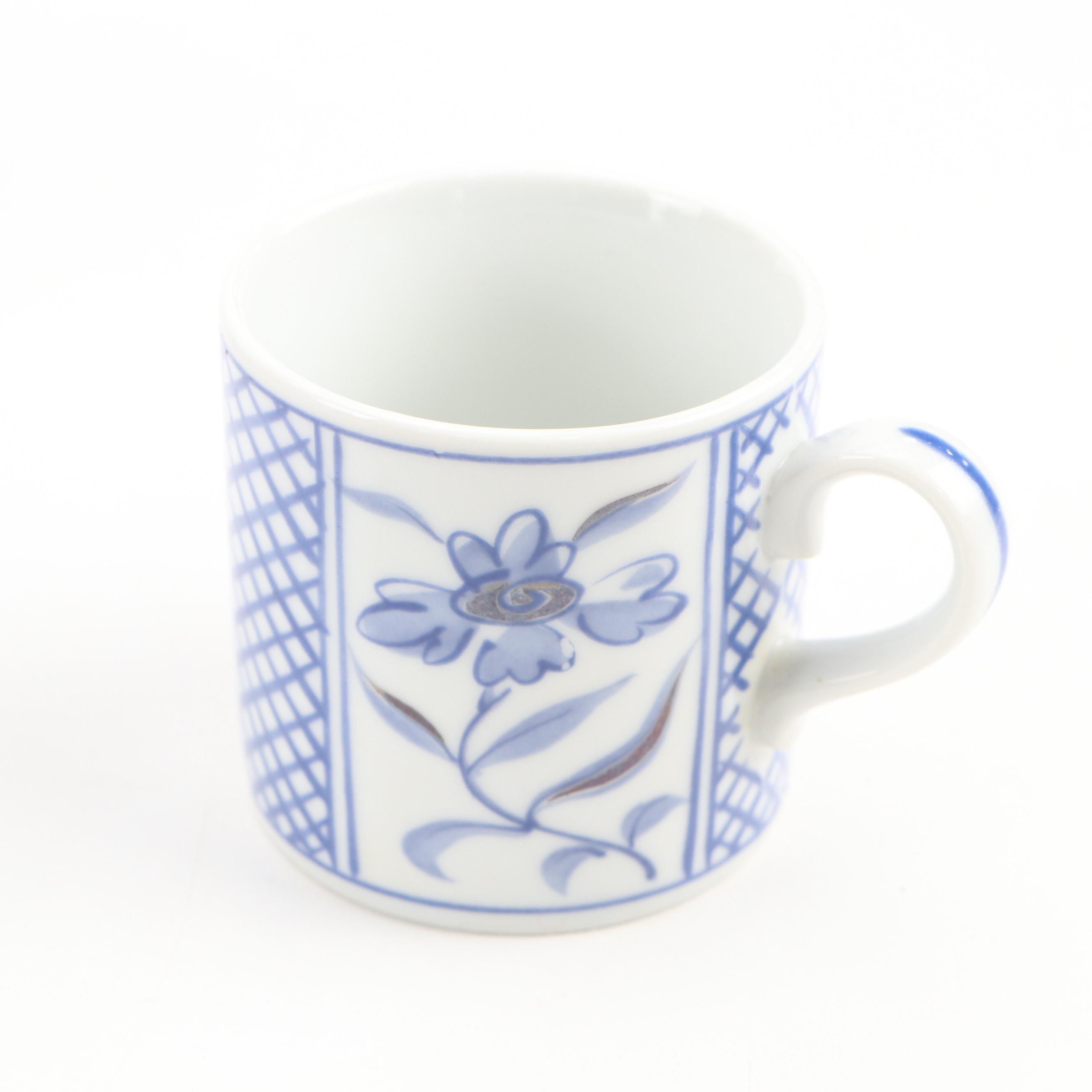 Japanese Blue Floral Motif Porcelain Coffee Set with Decorative Wood Storage Box