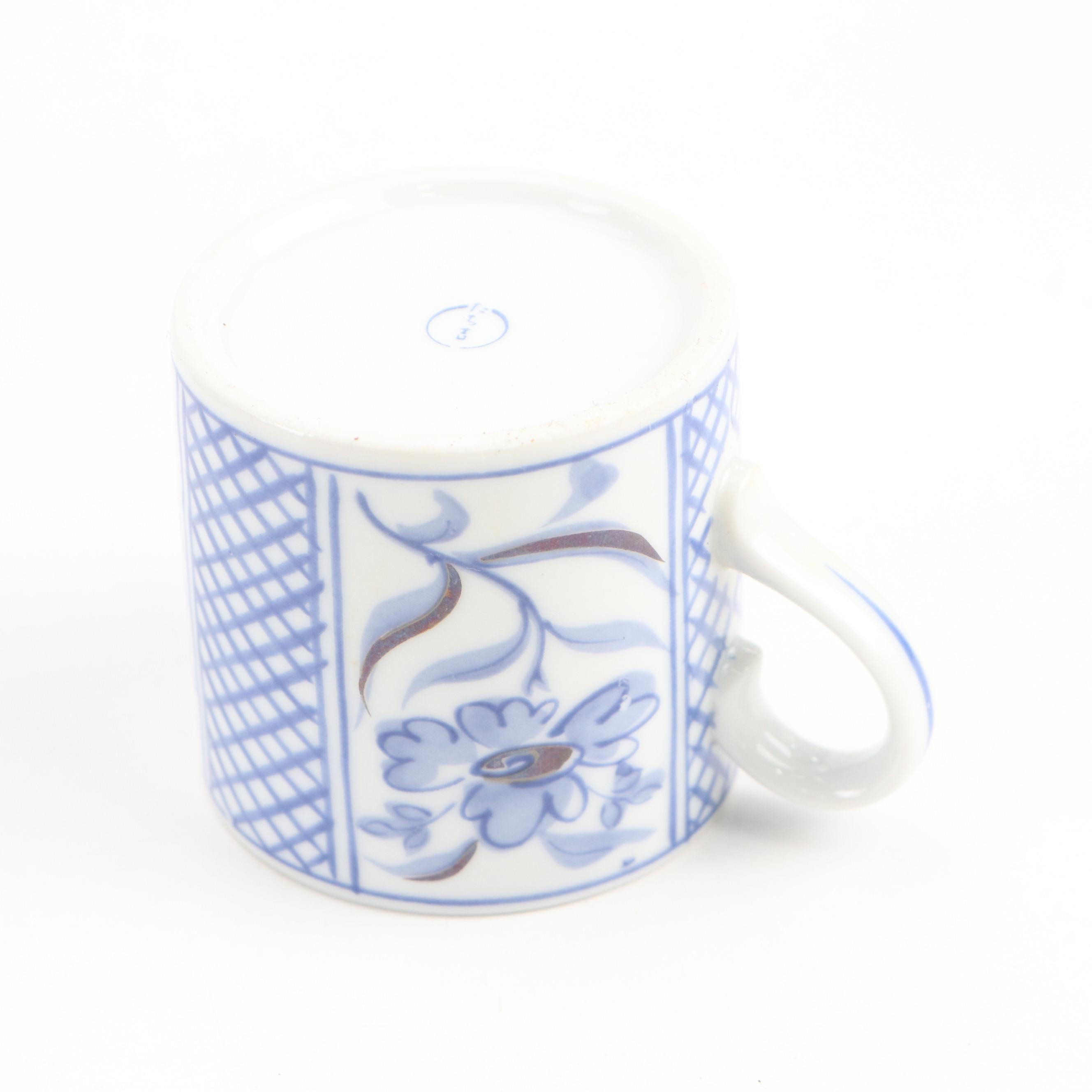 Japanese Blue Floral Motif Porcelain Coffee Set with Decorative Wood Storage Box