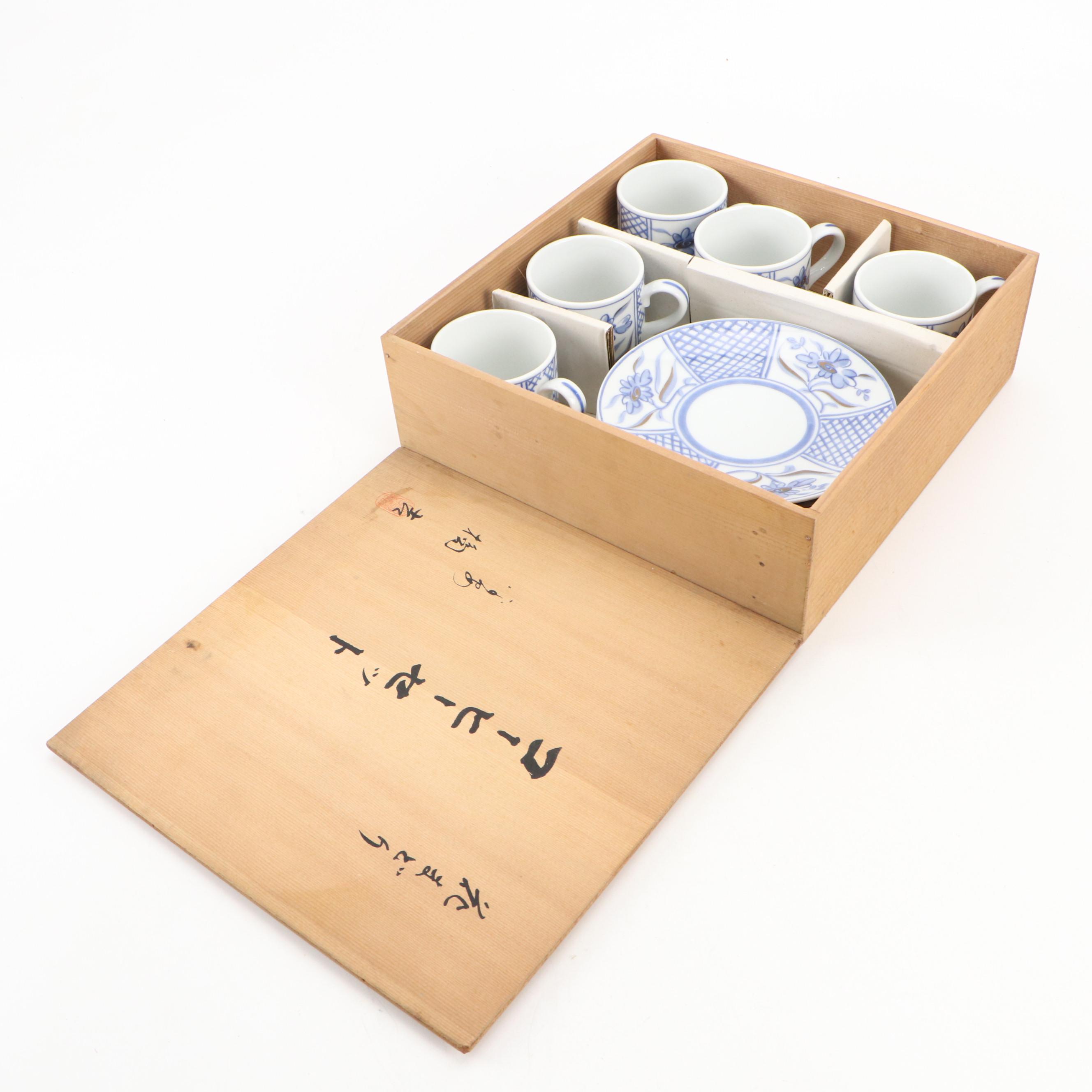 Japanese Blue Floral Motif Porcelain Coffee Set with Decorative Wood Storage Box