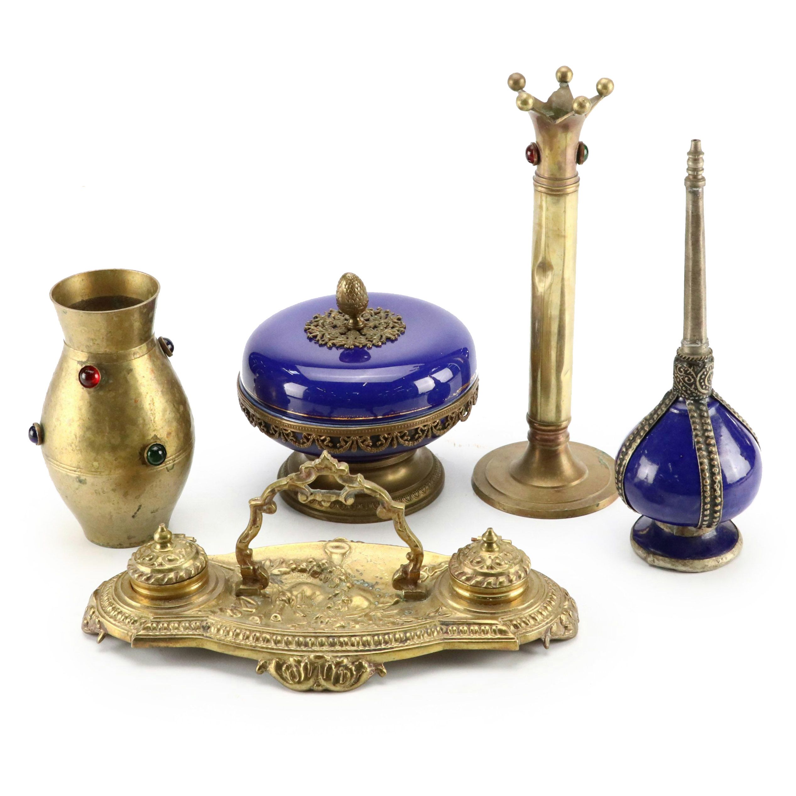 French Style Brass Double Inkwell with Brass and Moroccan Table Accessories