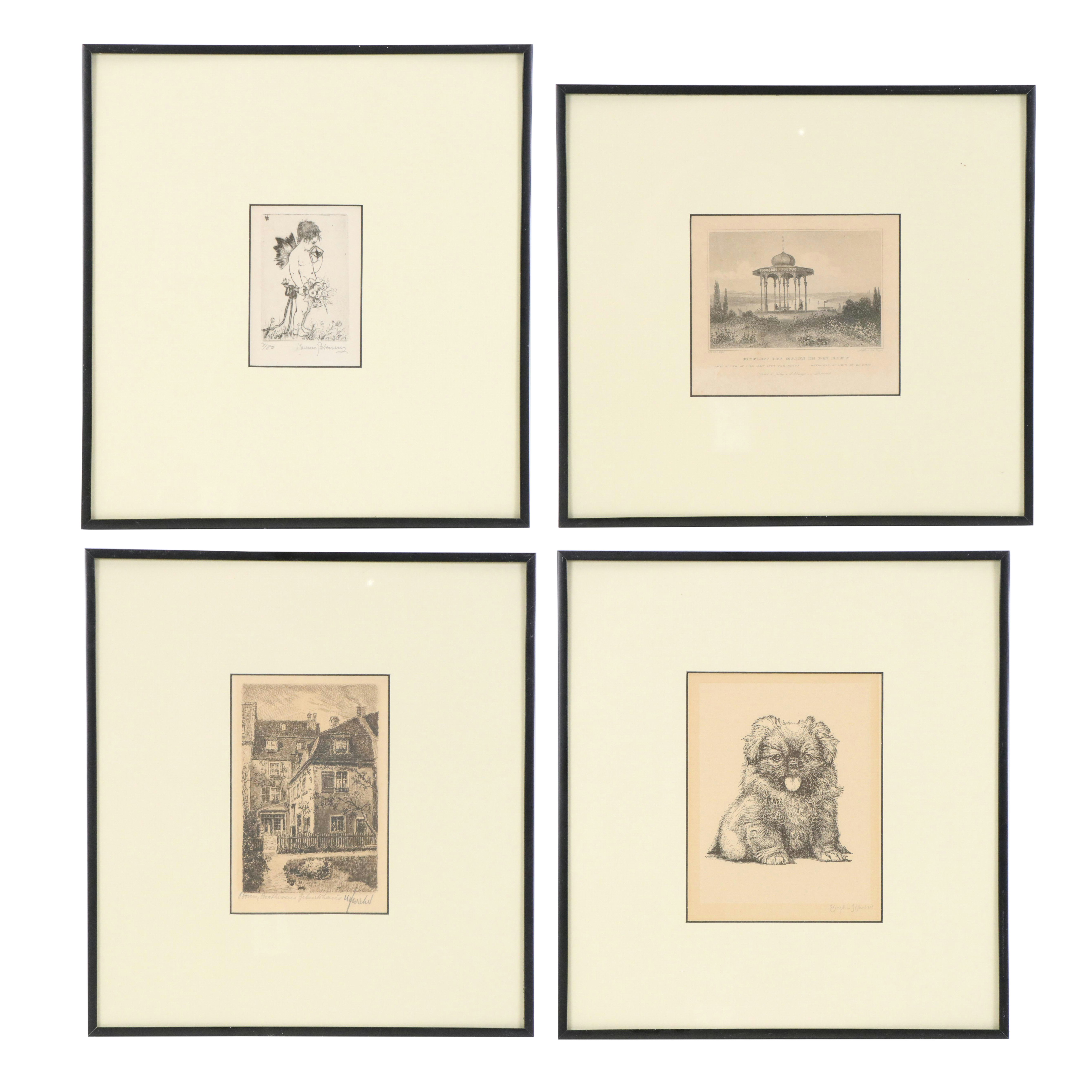 Four Black and White Etchings and Engravings, 20th Century