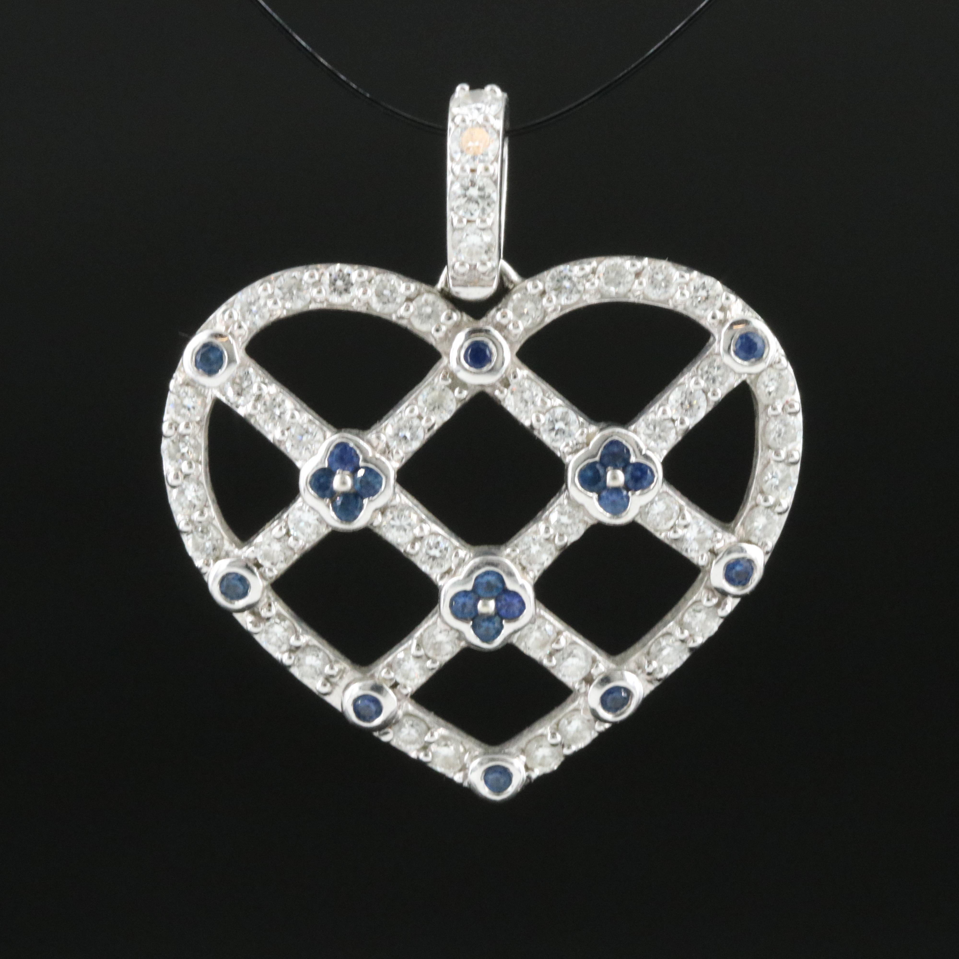 14K Sapphire and Diamond Lattice Heart Pendant