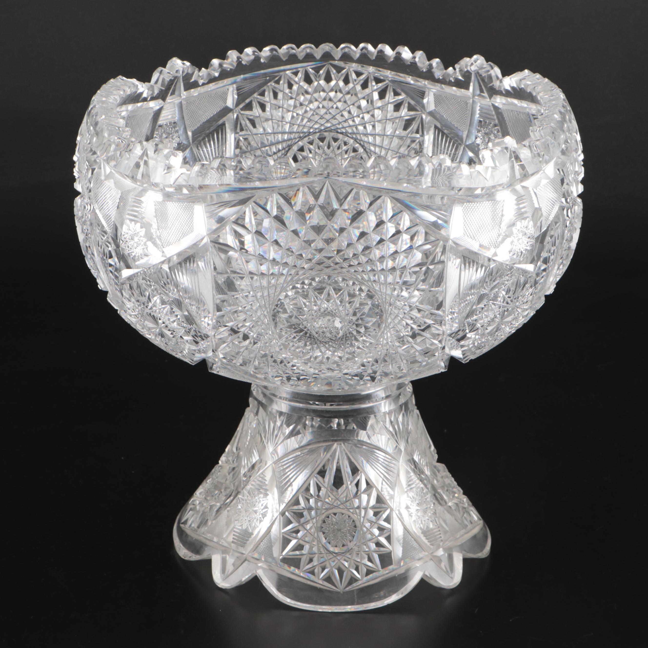 American Brilliant Style Cut Glass Punch Bowl on Stand, 20th Century
