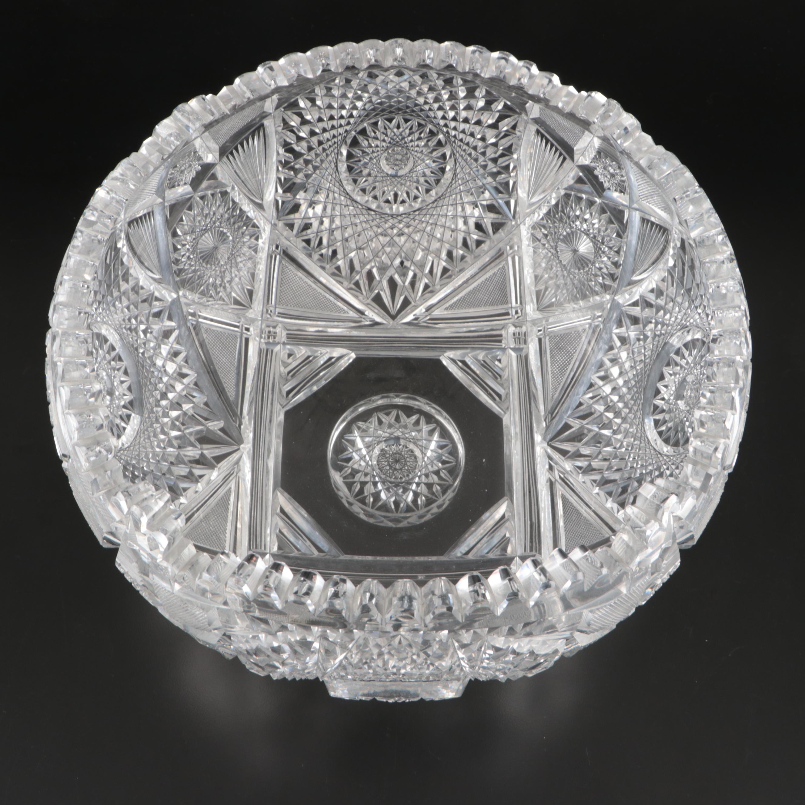 American Brilliant Style Cut Glass Punch Bowl on Stand, 20th Century