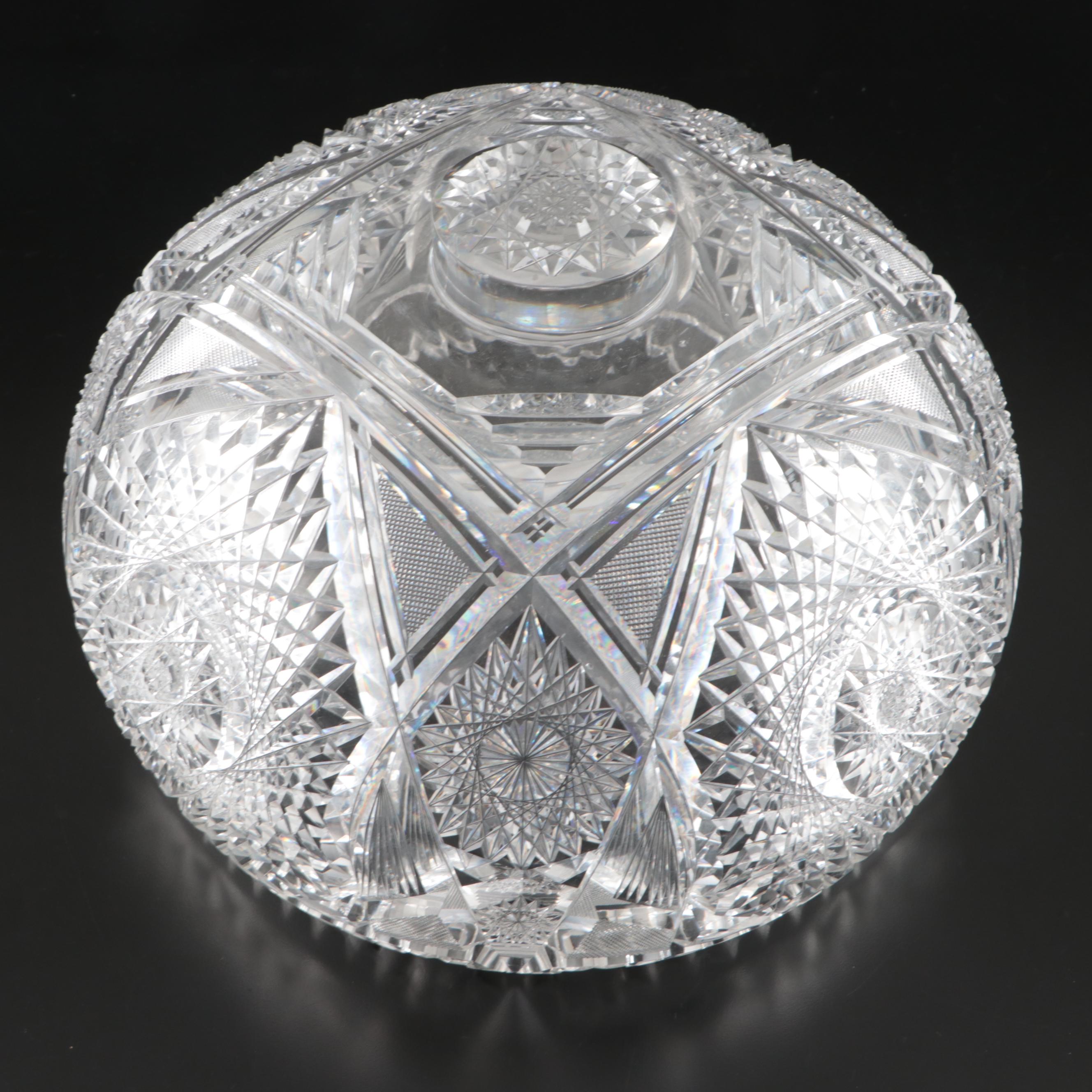 American Brilliant Style Cut Glass Punch Bowl on Stand, 20th Century