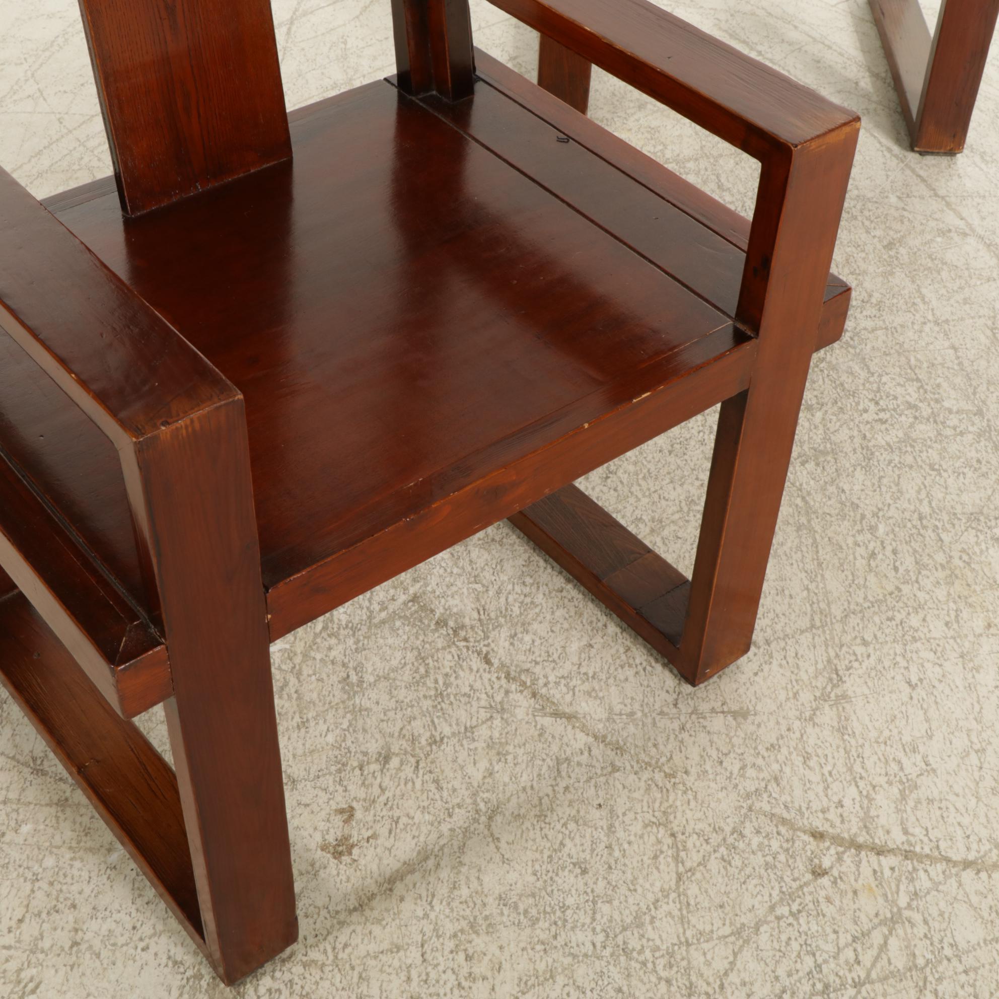 Chinese Style Pine Platform Armchairs, Pair, Mid to Late 20th Century