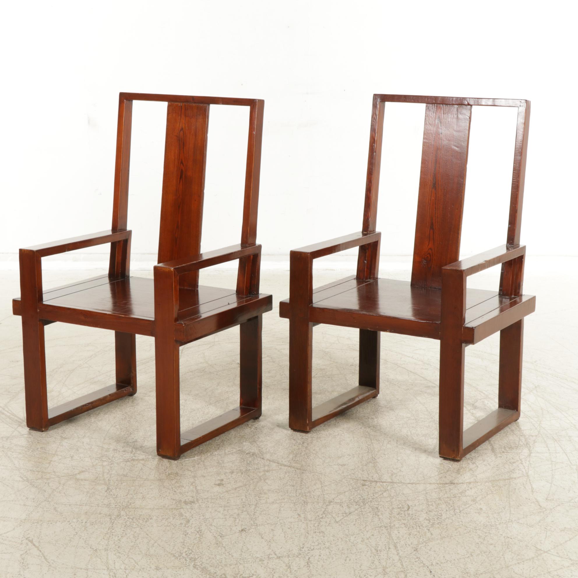 Chinese Style Pine Platform Armchairs, Pair, Mid to Late 20th Century