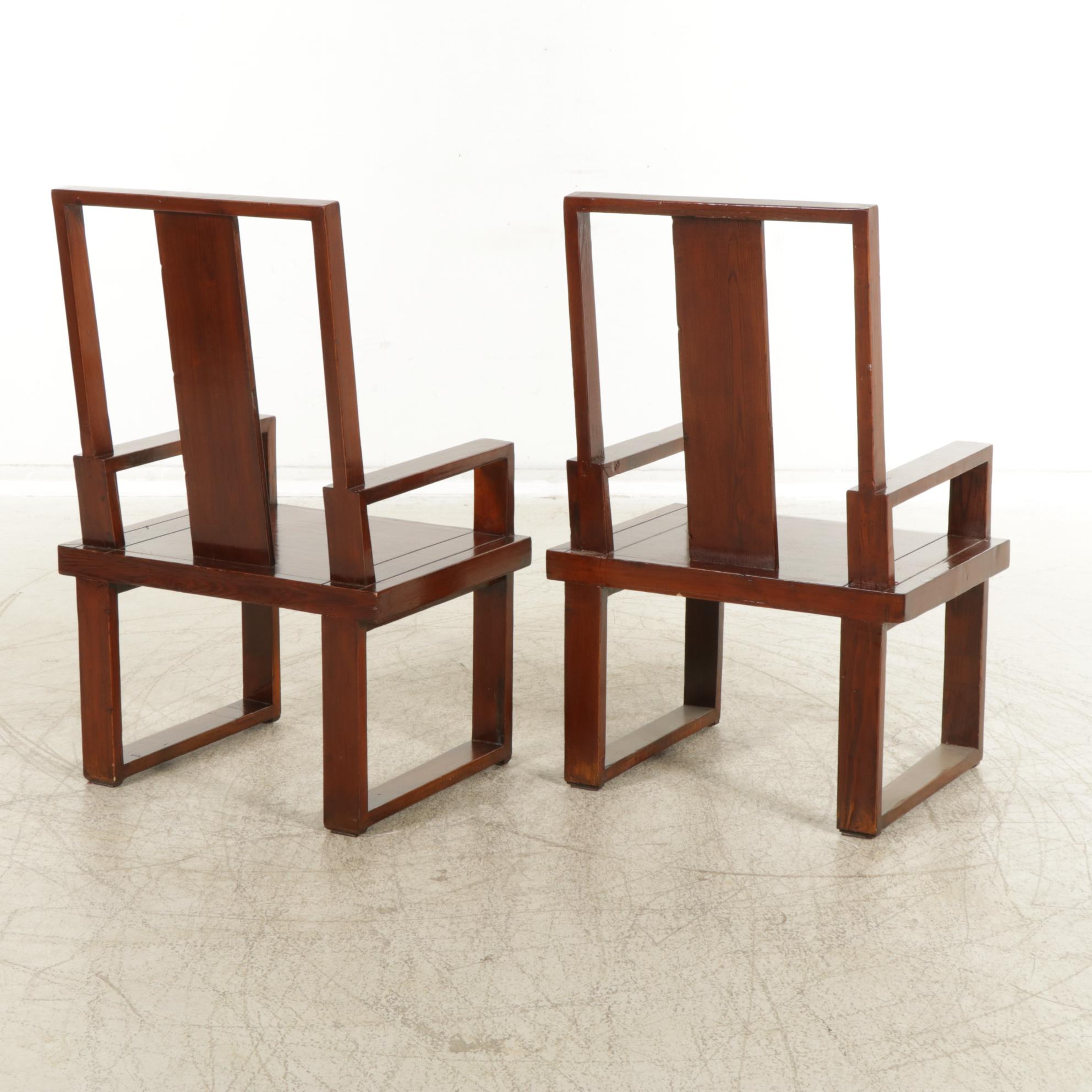 Chinese Style Pine Platform Armchairs, Pair, Mid to Late 20th Century