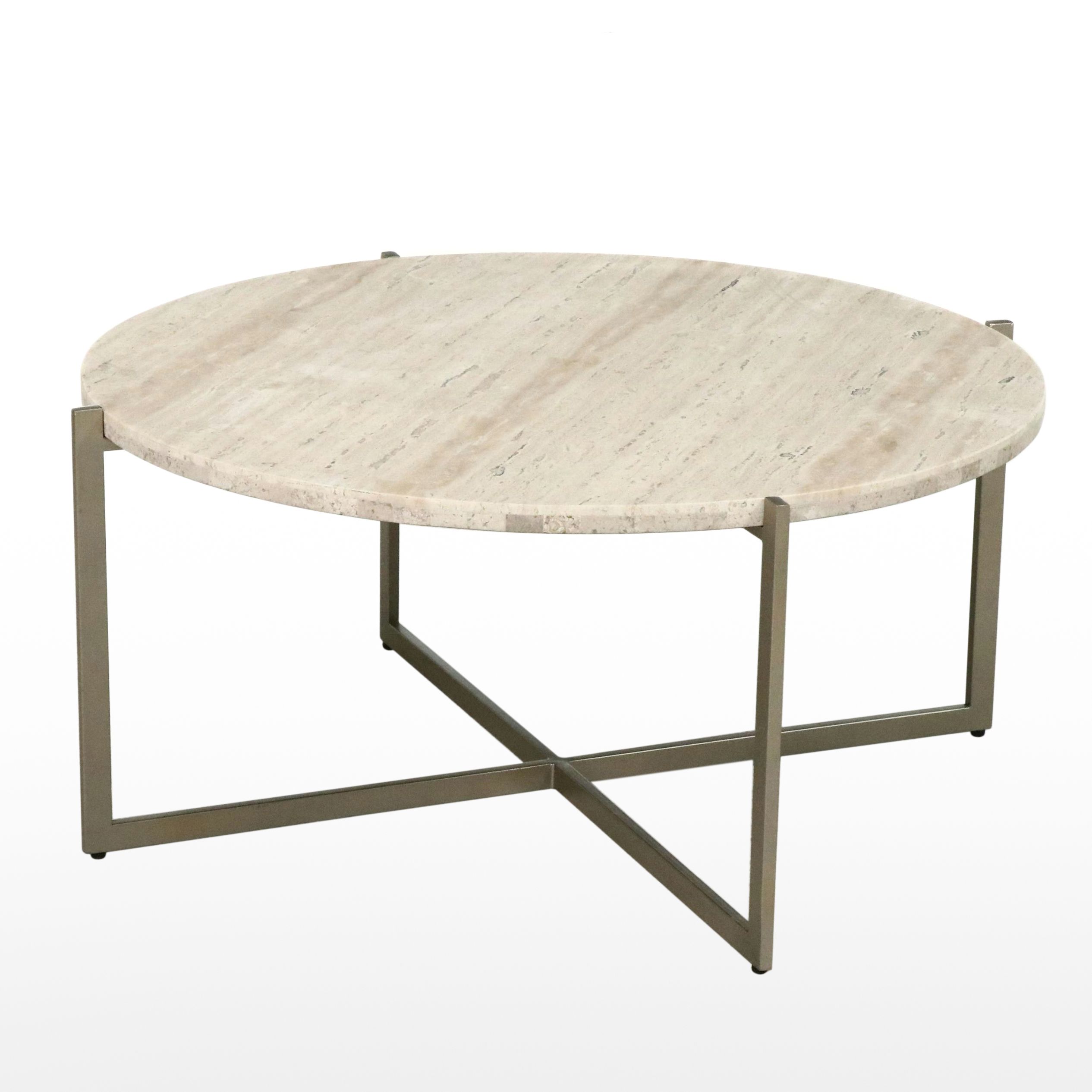 Contemporary Tessellated Travertine Marble Coffee Table on Metal Base