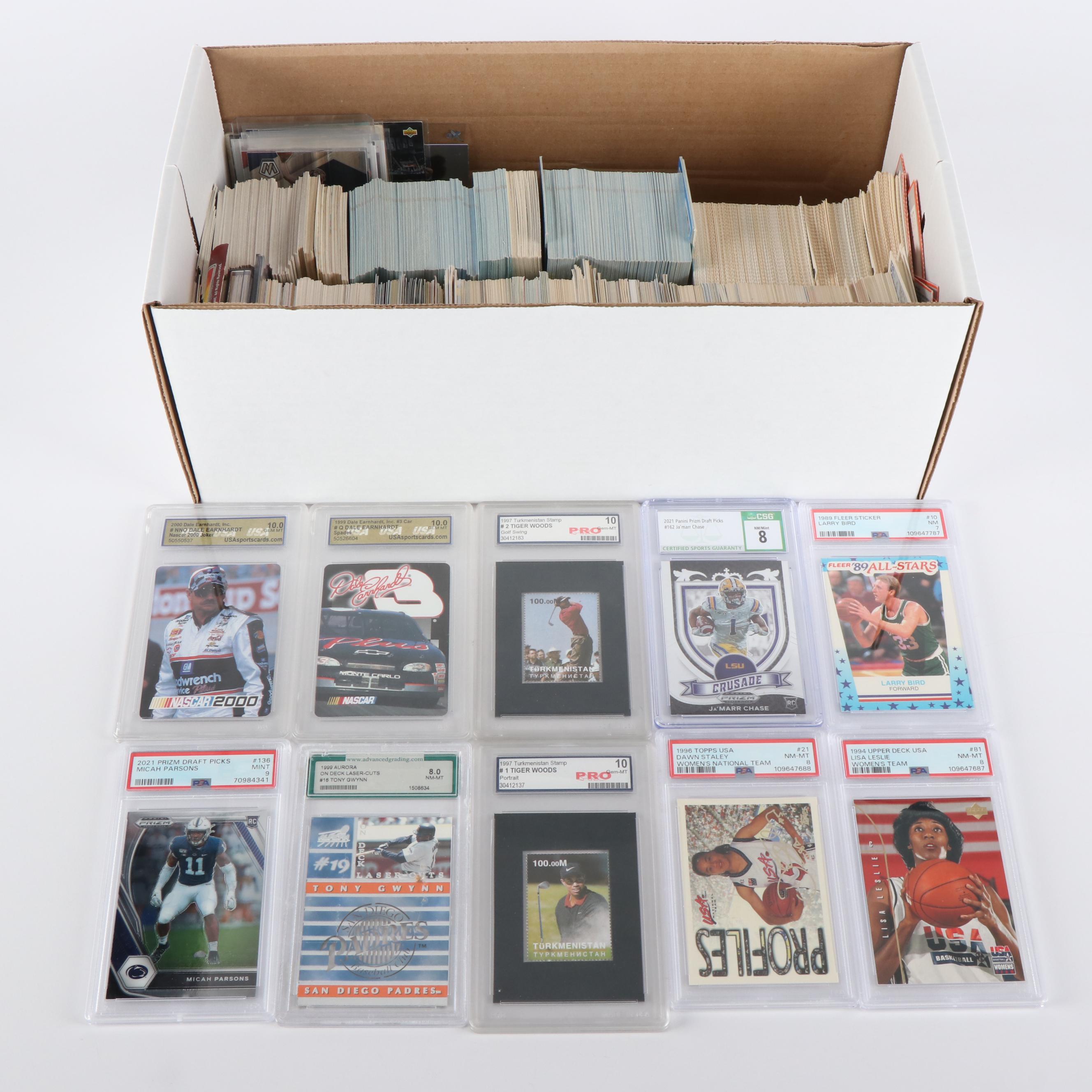 1000+ Card Mixed Sport Lot Includes Ja'Marr Chase, Larry Bird, and Tiger Woods