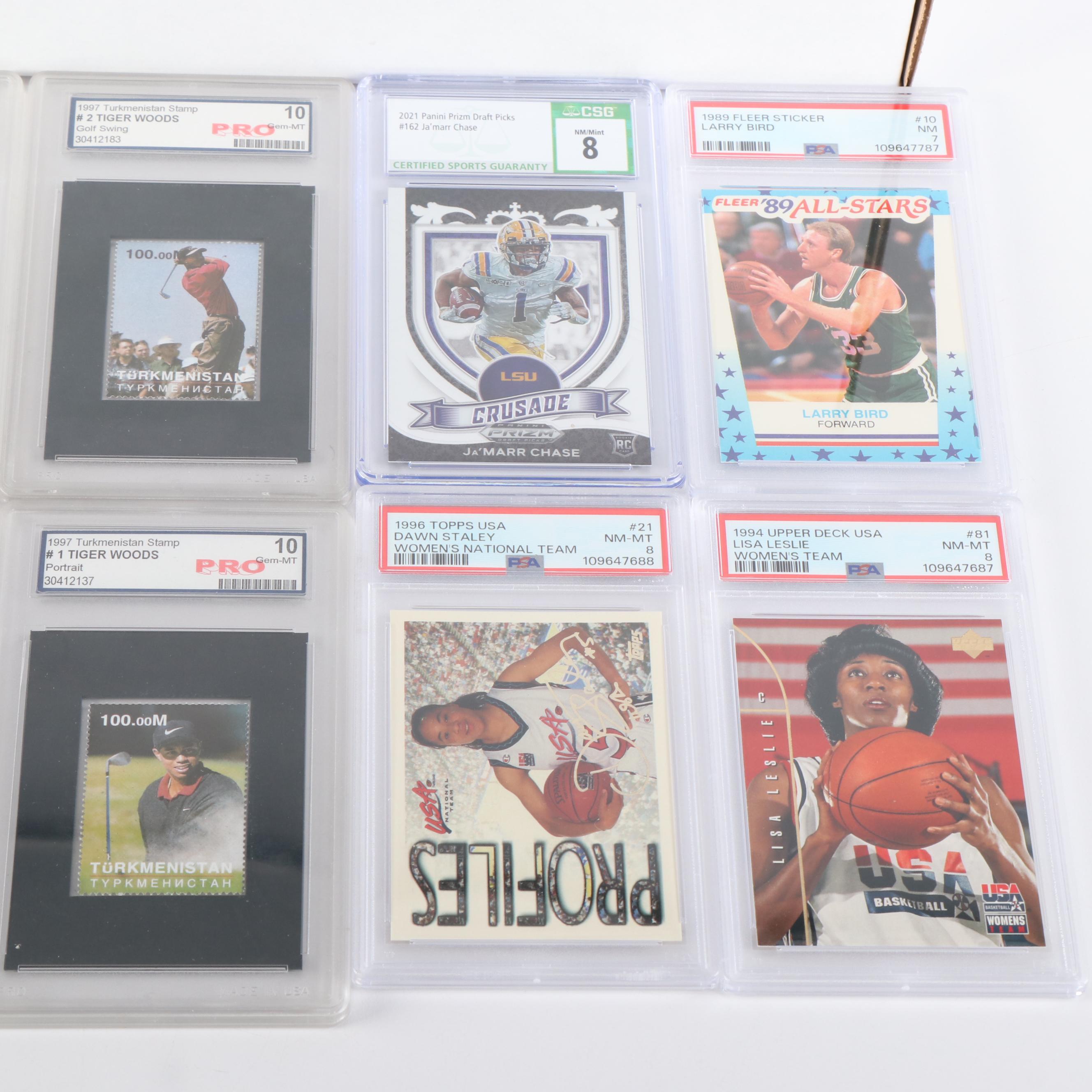 1000+ Card Mixed Sport Lot Includes Ja'Marr Chase, Larry Bird, and Tiger Woods