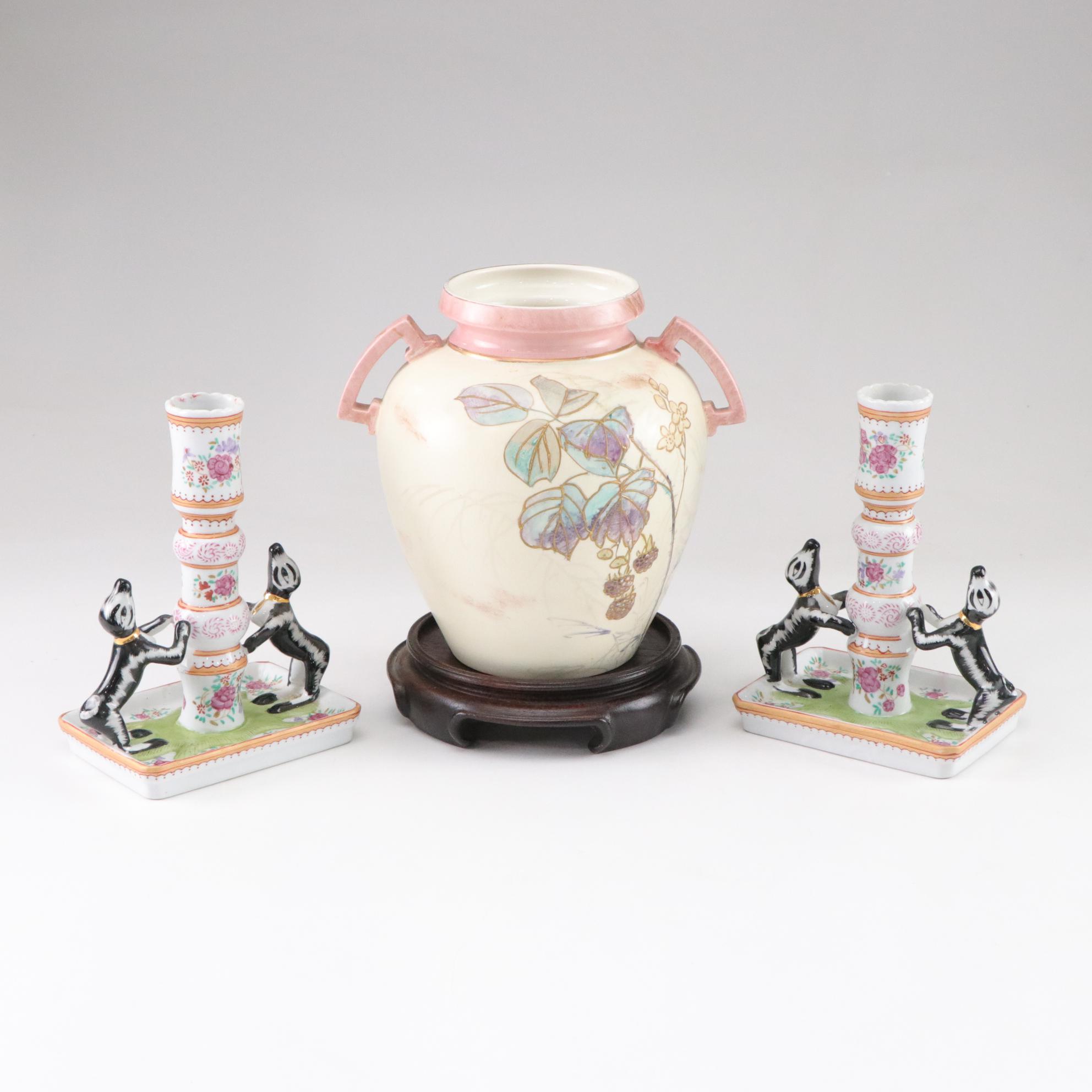 Thomas Forester & Sons Hand-Painted Art Deco Vase with Porcelain Candlesticks