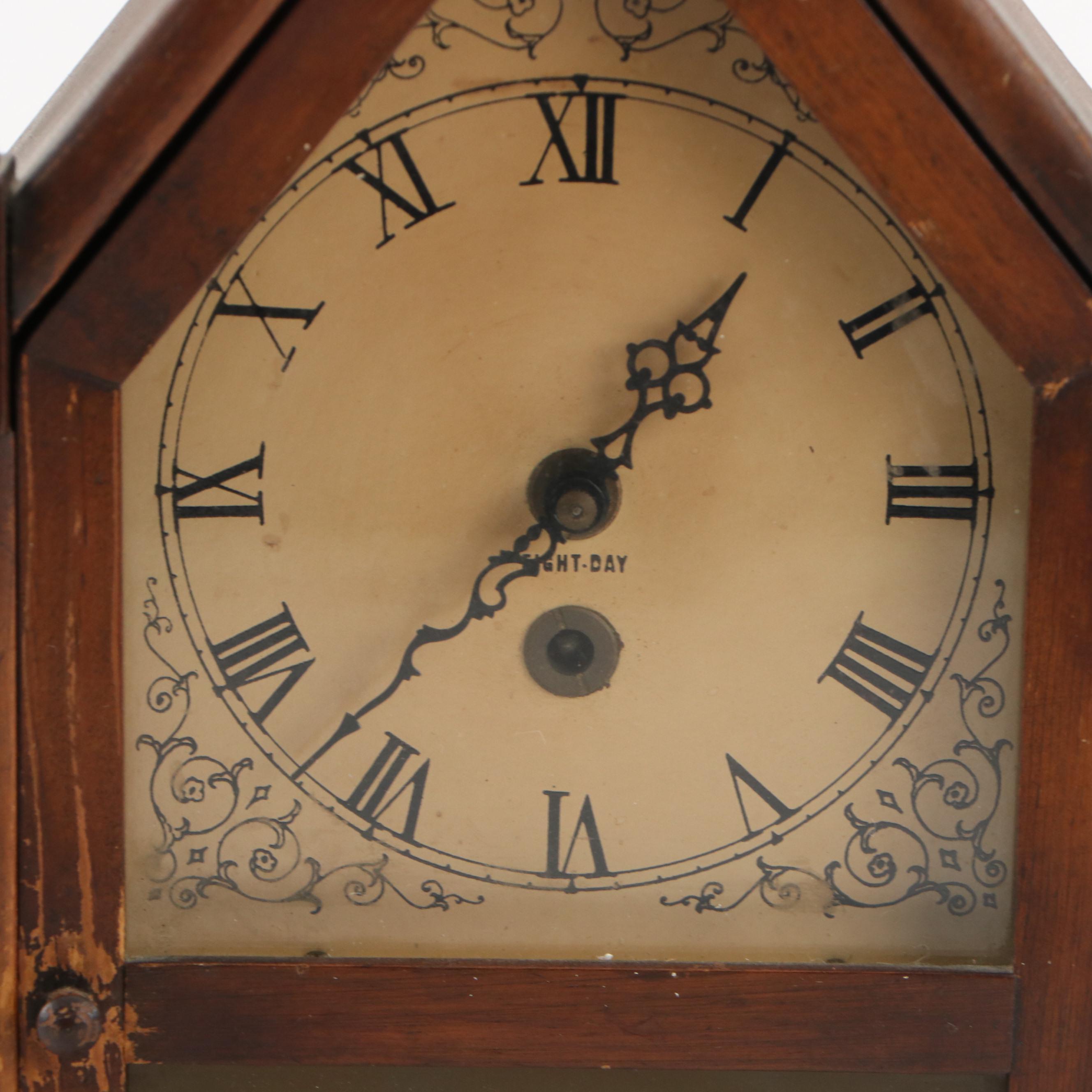 Victorian Style Eight Day Clock Wooden Steeple Mantel Clock, Mid-20th Century