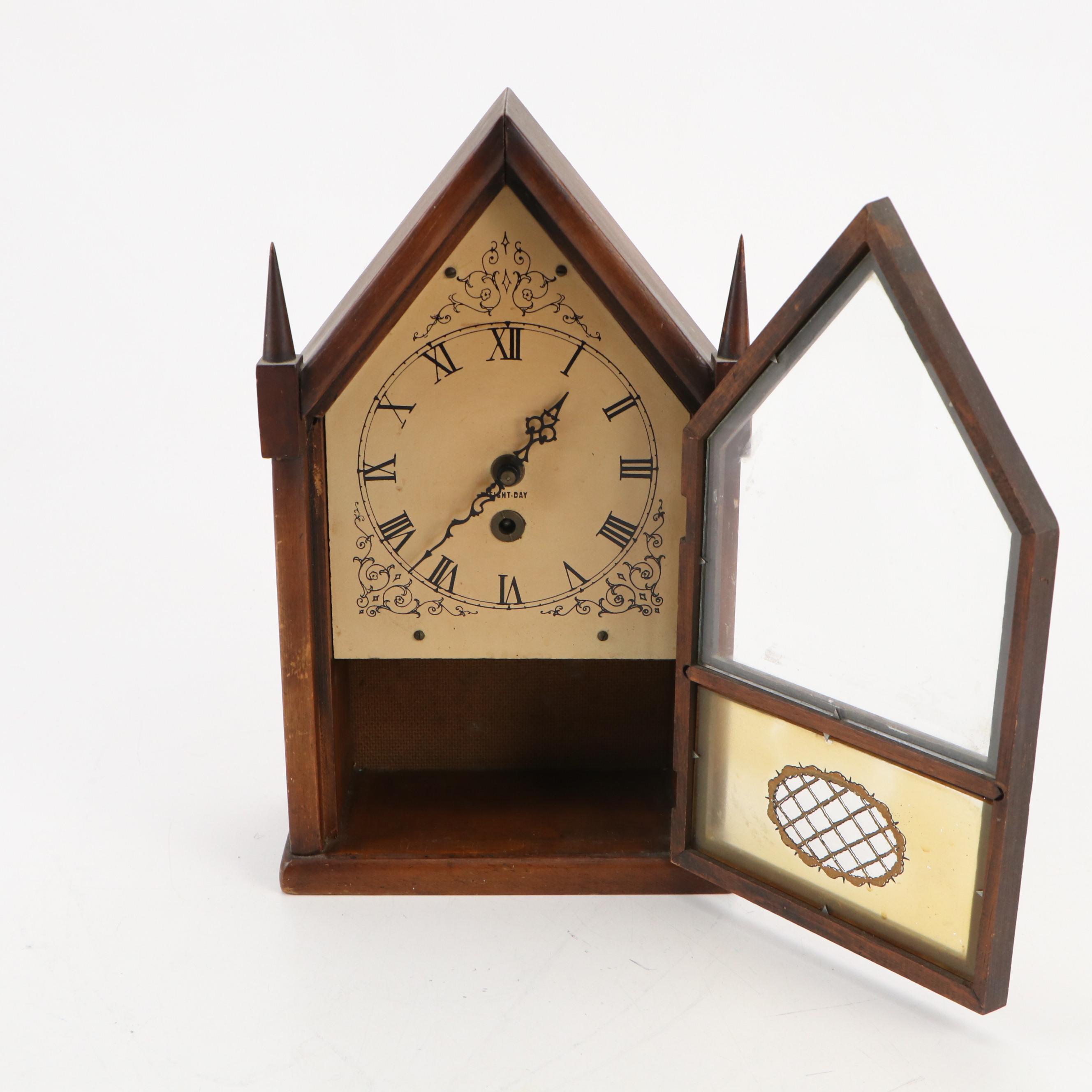 Victorian Style Eight Day Clock Wooden Steeple Mantel Clock, Mid-20th Century