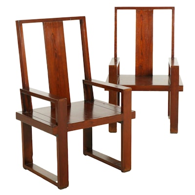 Chinese Style Pine Platform Armchairs, Pair, Mid to Late 20th Century Chinese Style Pine Platform Armchairs, Pair, Mid to Late 20th Century