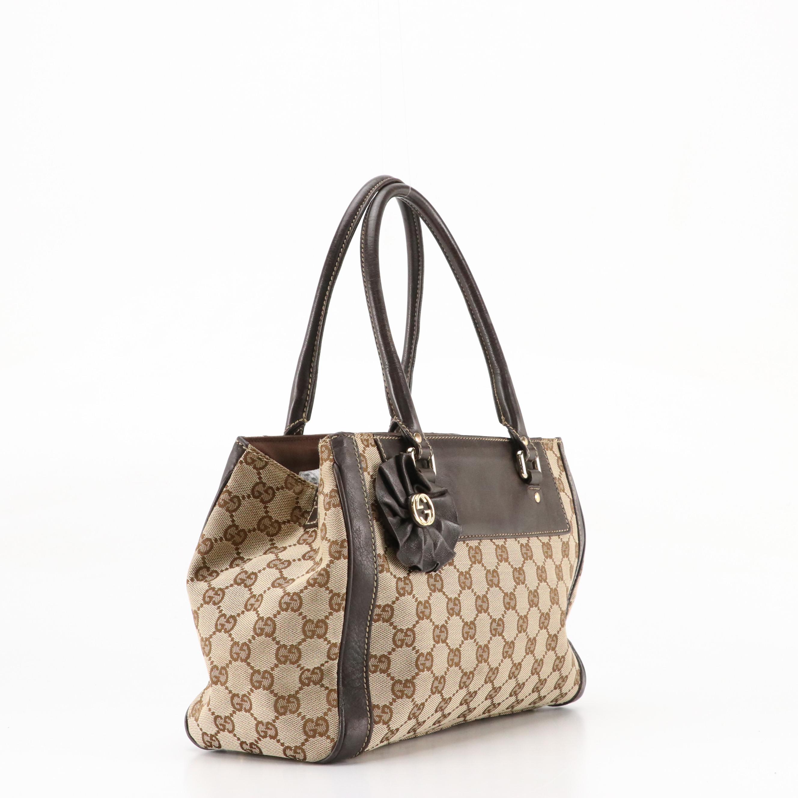 Gucci GG Canvas and Brown Leather Trophy Tote