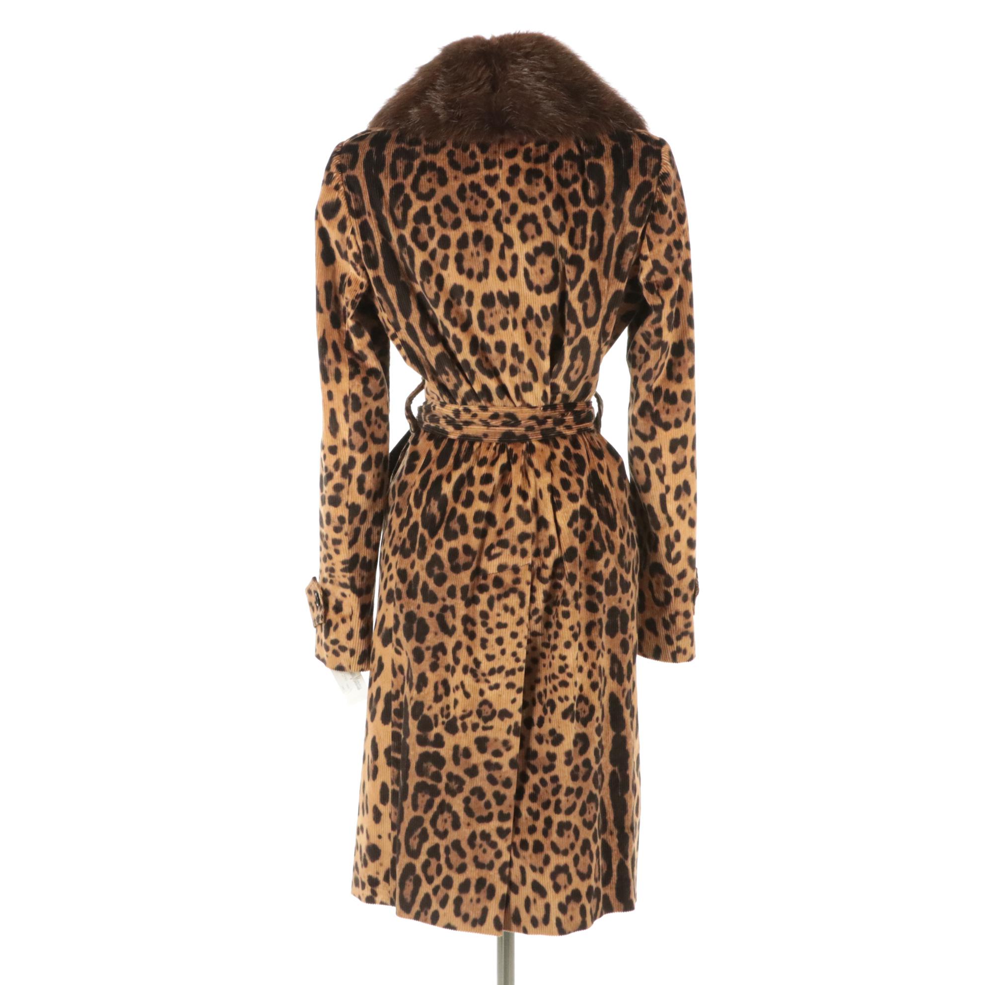 Dolce & Gabbana Brown Leopard Printed Corduroy Coat Mink Fur Collar with Tags