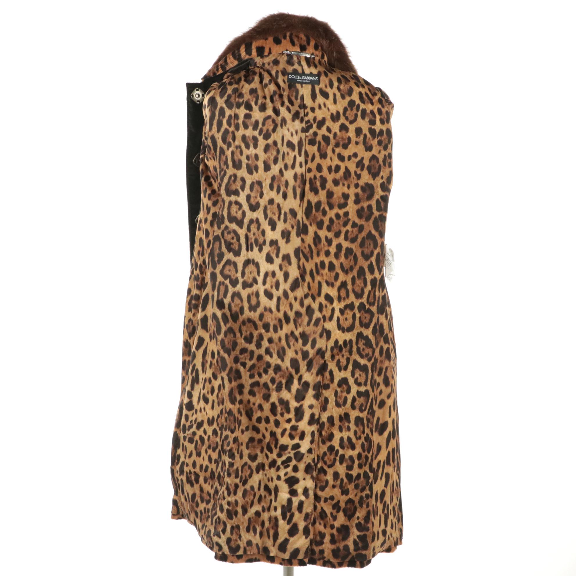 Dolce & Gabbana Brown Leopard Printed Corduroy Coat Mink Fur Collar with Tags