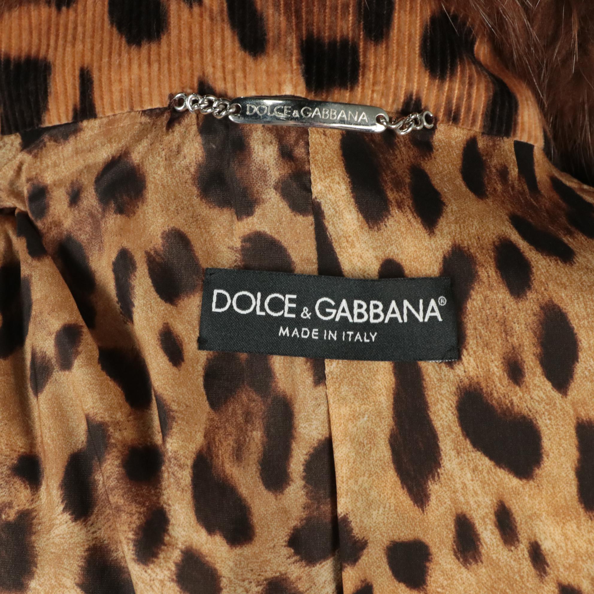 Dolce & Gabbana Brown Leopard Printed Corduroy Coat Mink Fur Collar with Tags