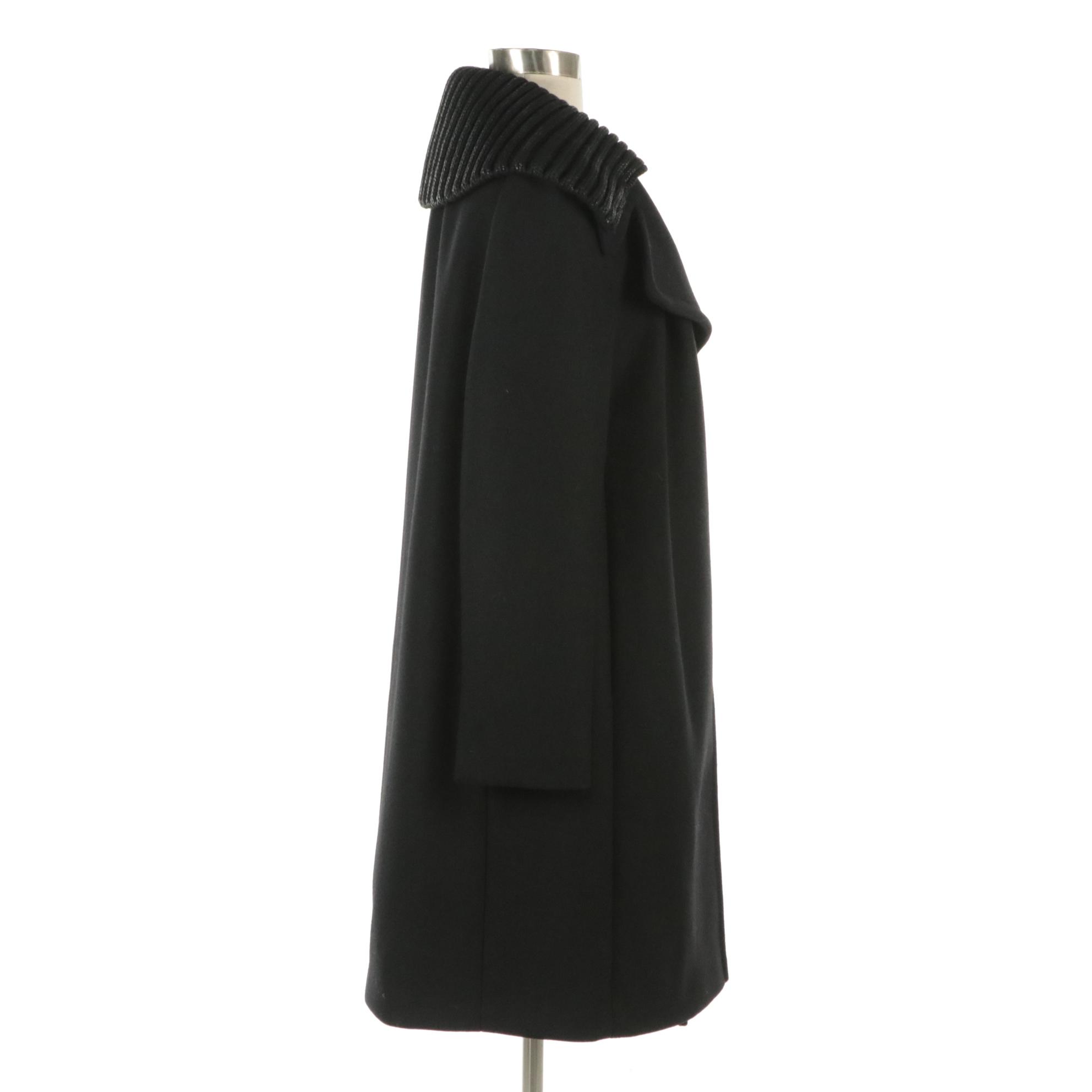Prada Black Virgin Wool Coat with Shiny Knit Trim on Lapel