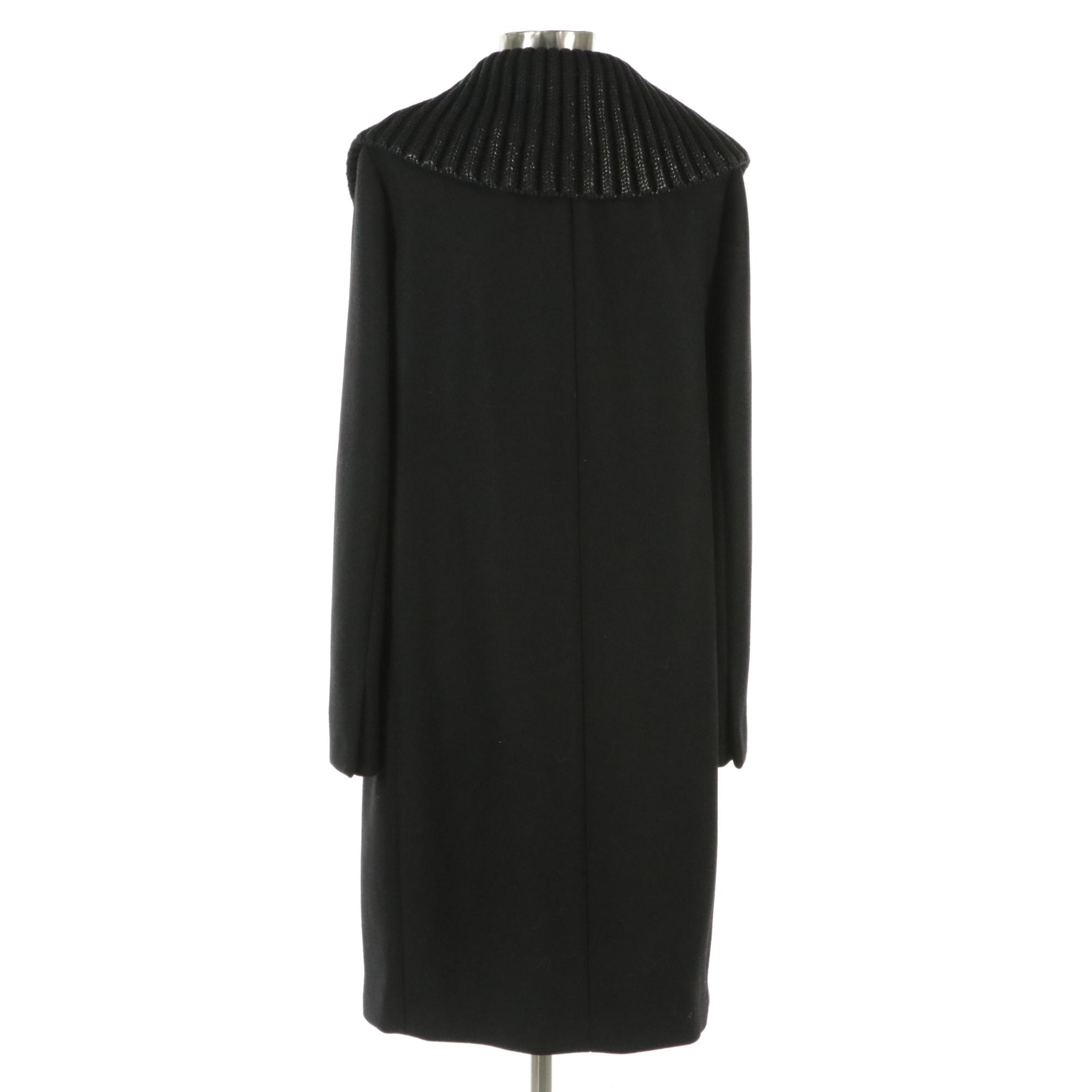 Prada Black Virgin Wool Coat with Shiny Knit Trim on Lapel