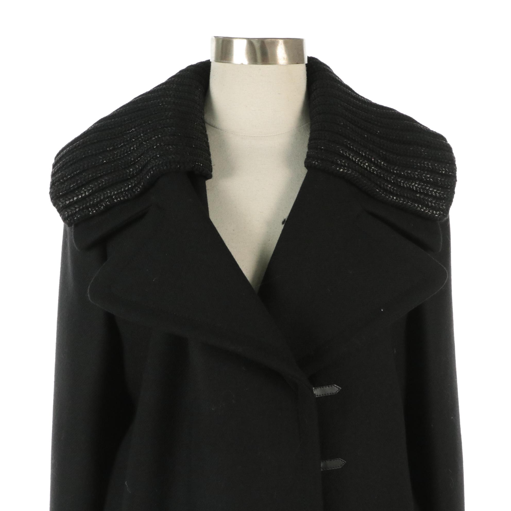 Prada Black Virgin Wool Coat with Shiny Knit Trim on Lapel