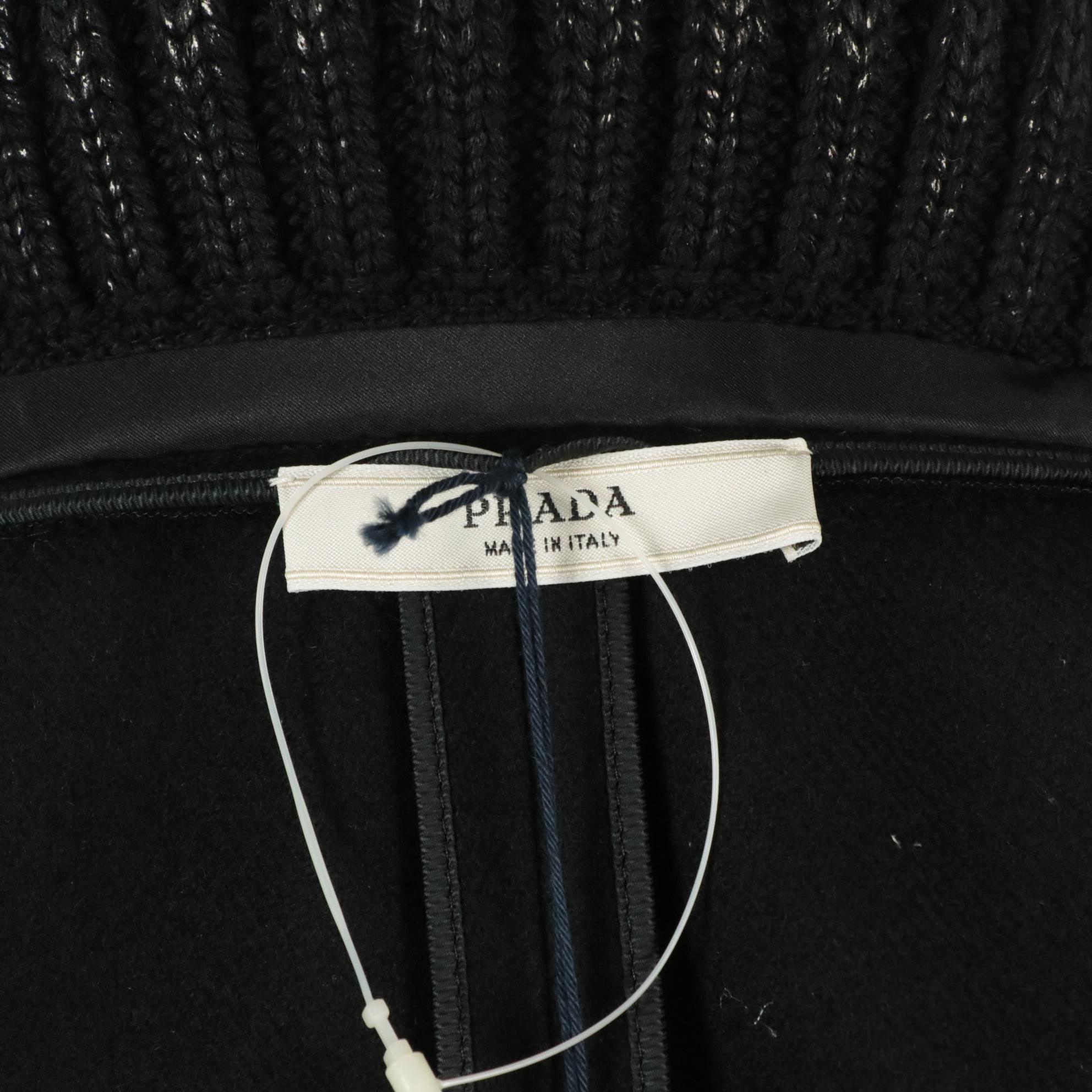 Prada Black Virgin Wool Coat with Shiny Knit Trim on Lapel