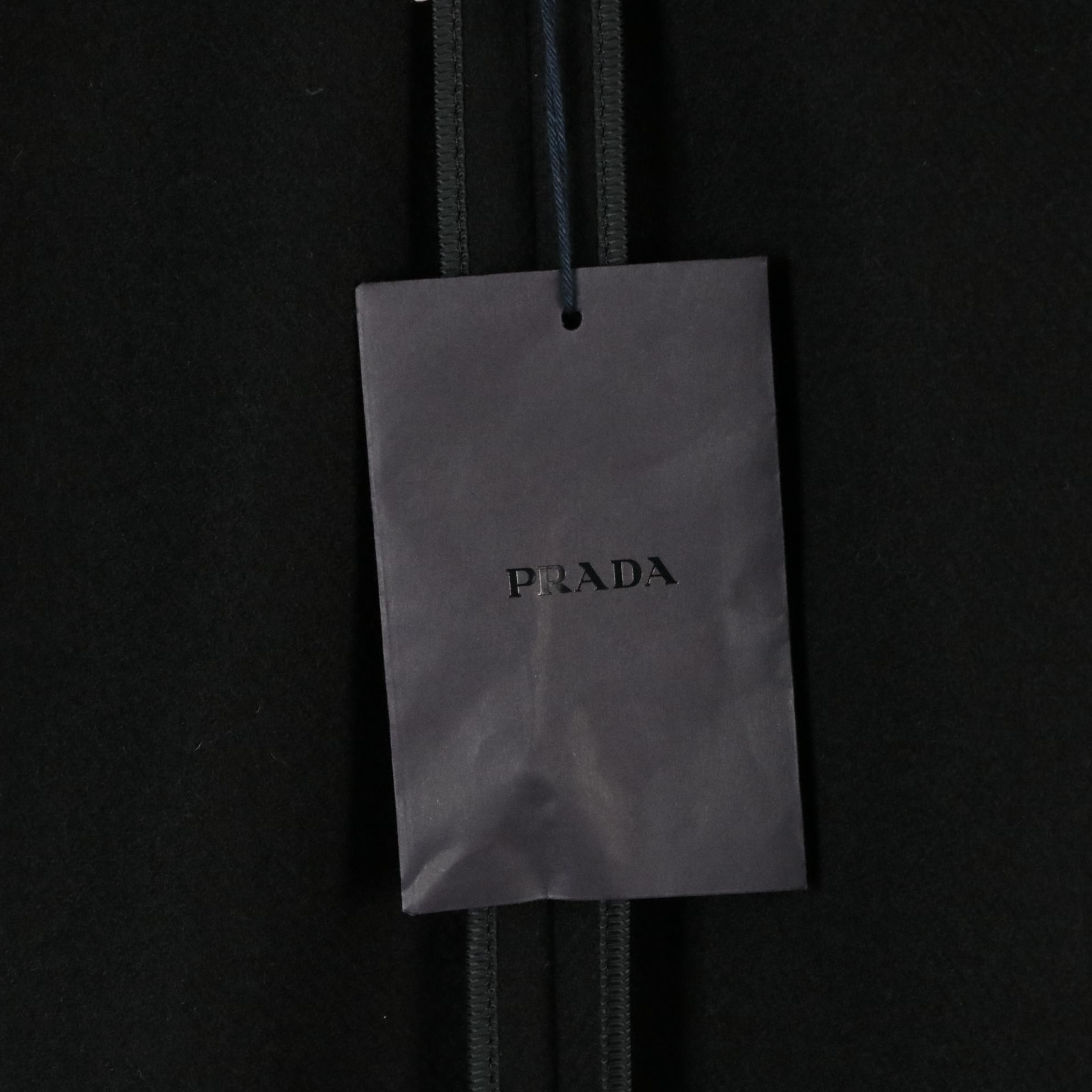Prada Black Virgin Wool Coat with Shiny Knit Trim on Lapel