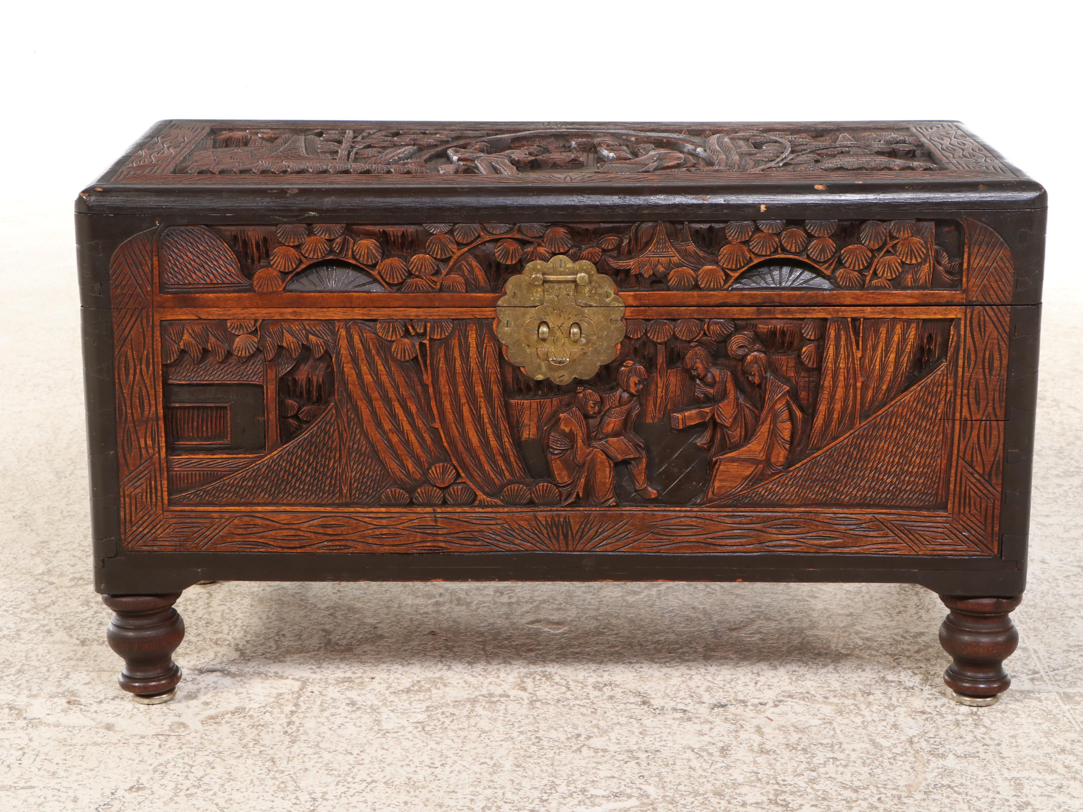 A.R. Scarsi & Co. Chinese Carved Wooden Trunk, 20th Century