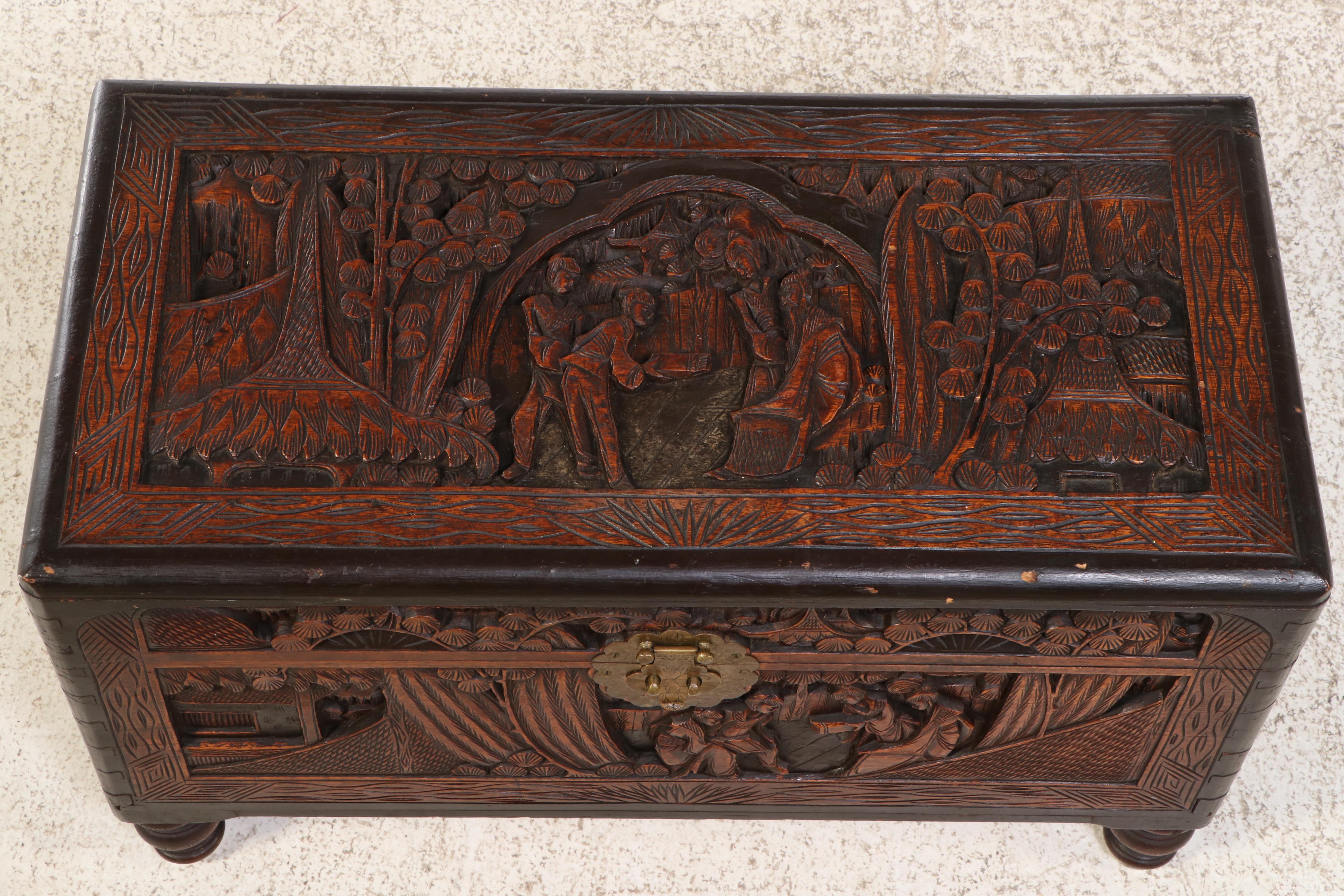 A.R. Scarsi & Co. Chinese Carved Wooden Trunk, 20th Century